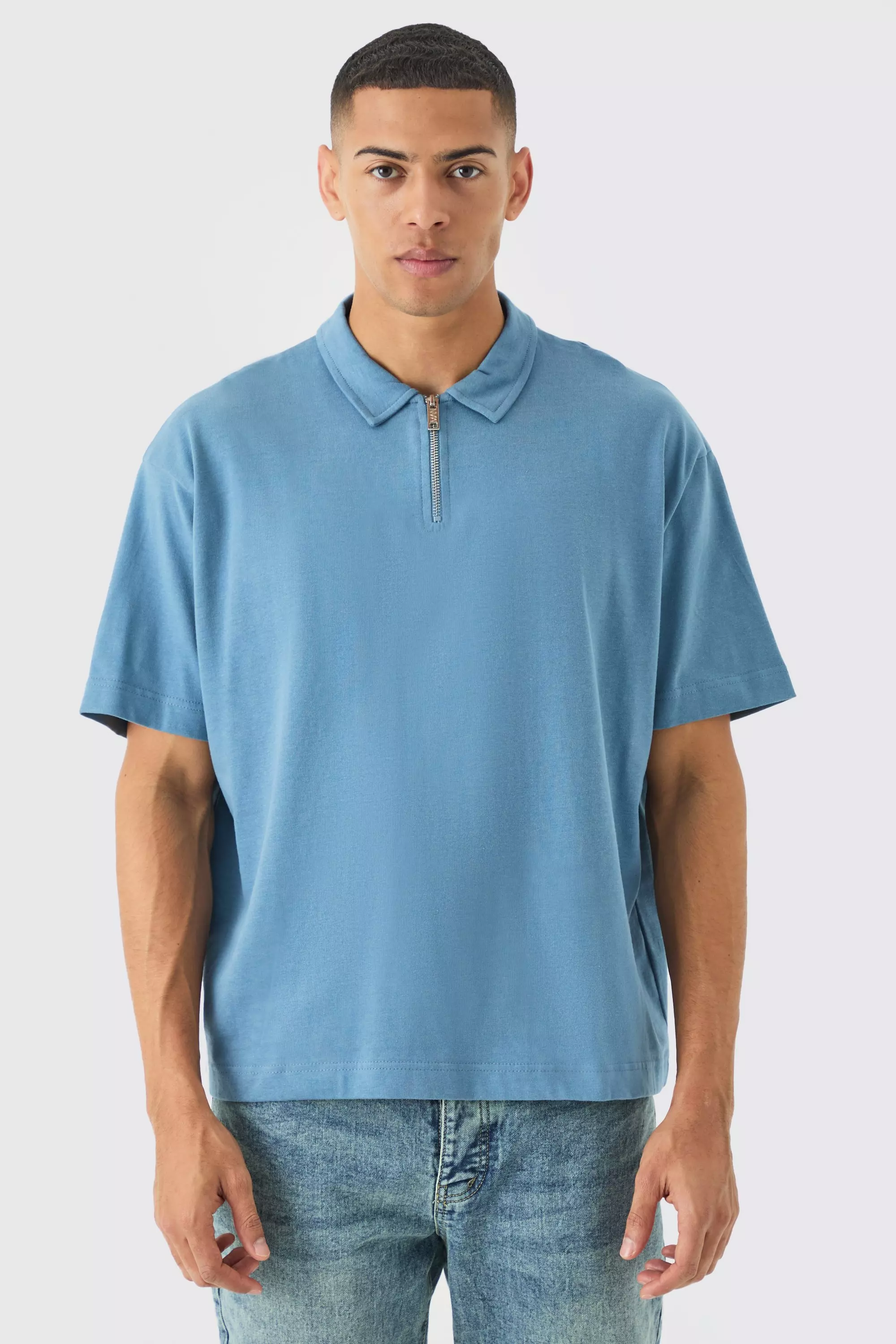 Oversized Heavy Zip Neck Polo Blue