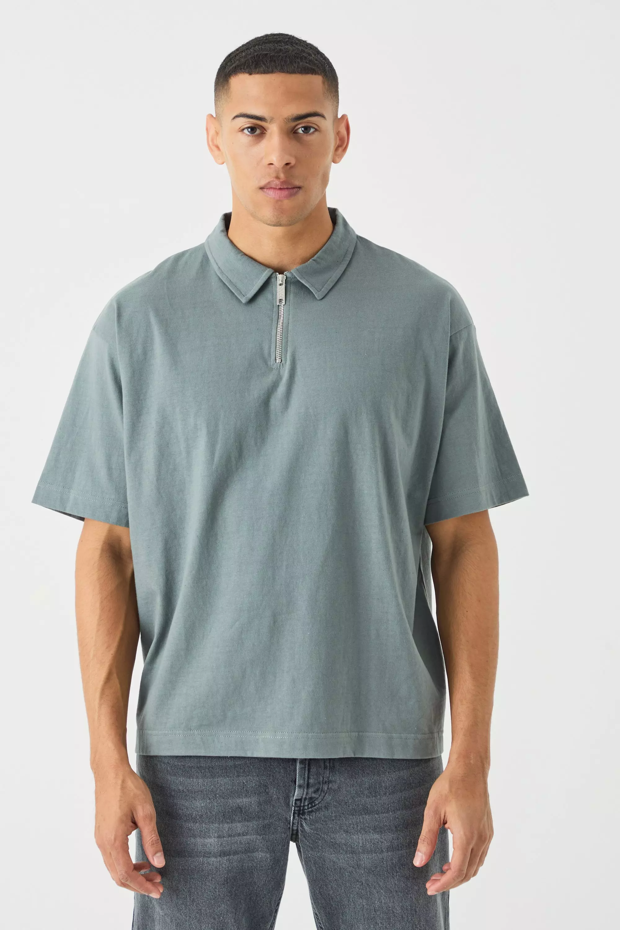 Oversized Heavy Zip Neck Polo Slate
