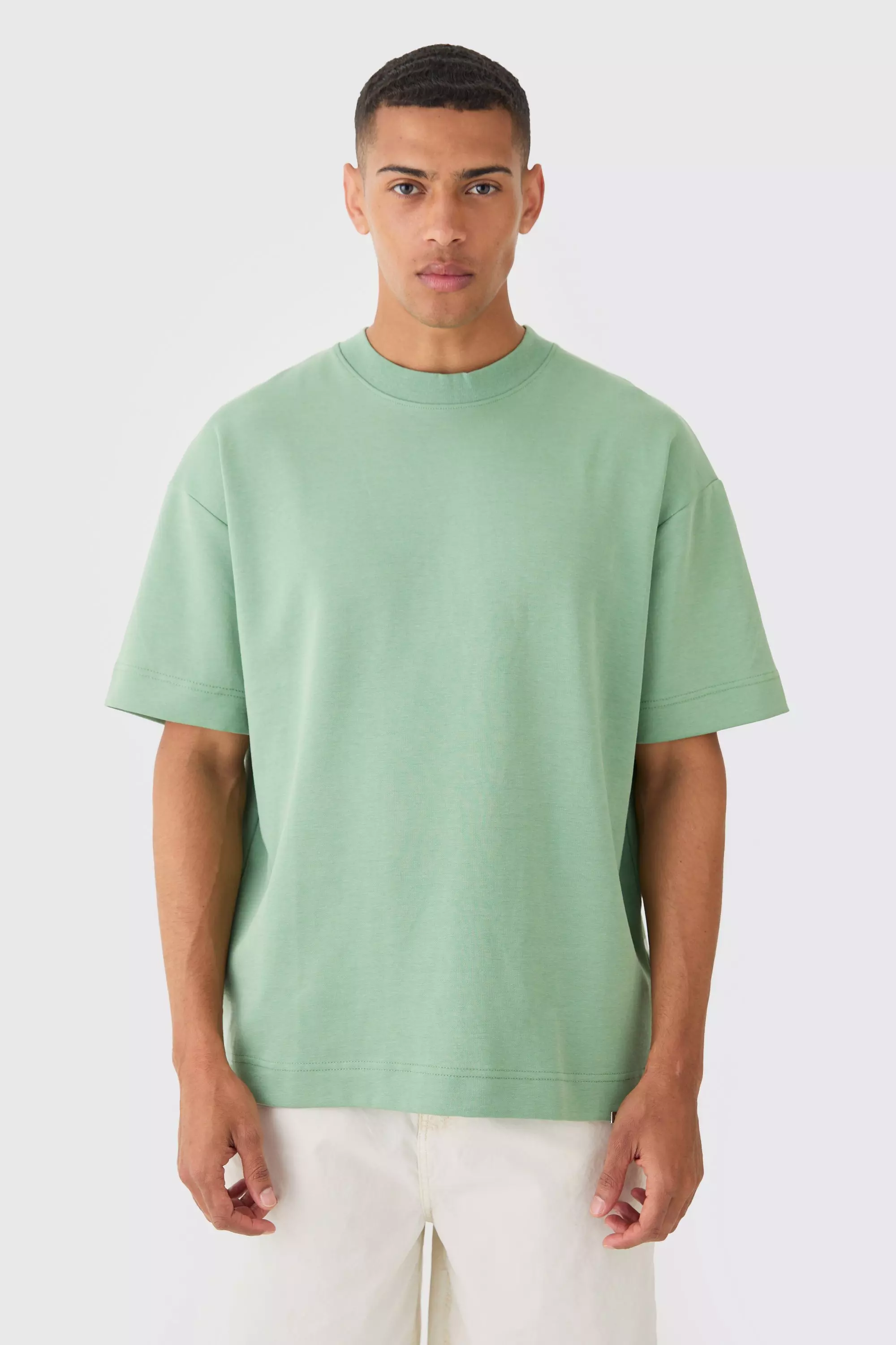 Sage Green Oversized Extended Neck Heavy Interlock T-shirt