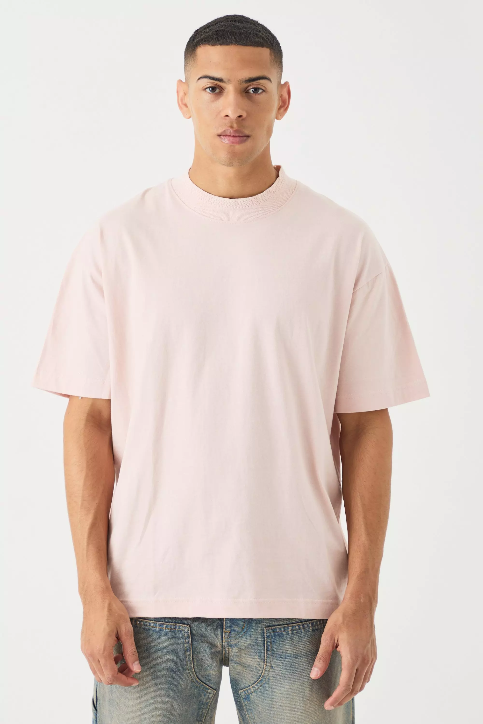 Oversized Heavy Extended Jaqaurd Neck T-shirt Pastel pink