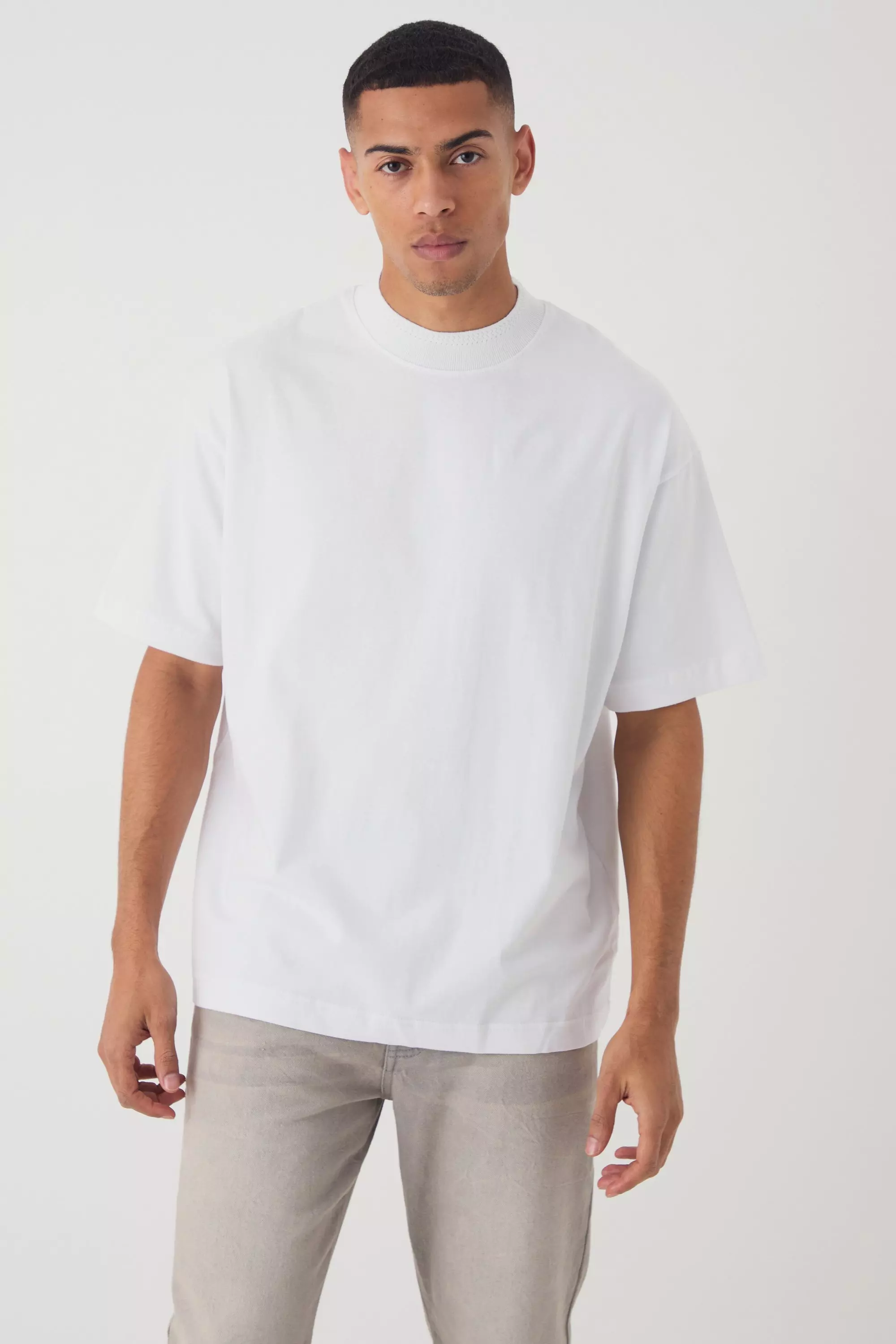 White Oversized Heavy Extended Jacquard Neck T-shirt