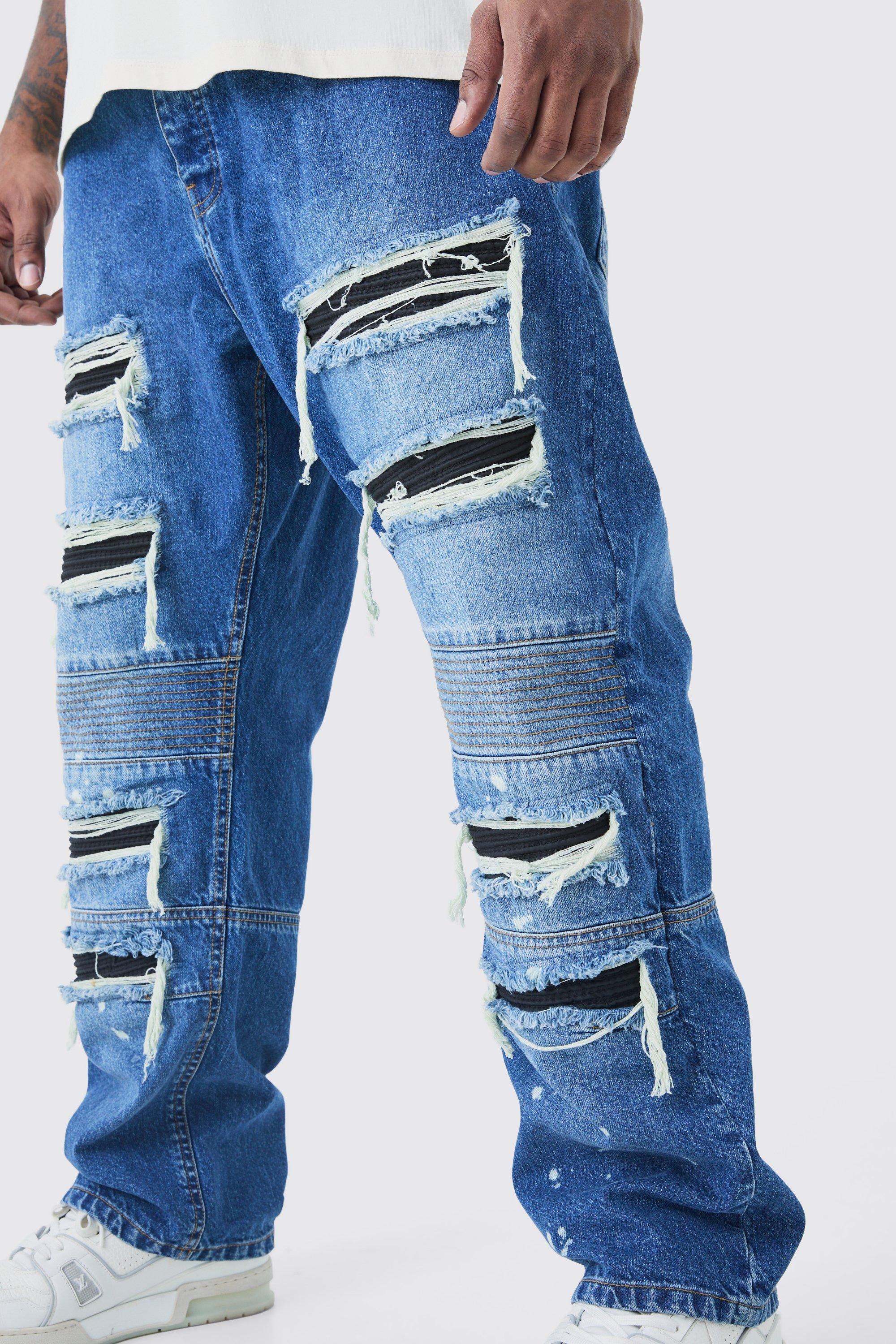 TOPMAN Straight Split Hem Rip Jeans in Blue for Men