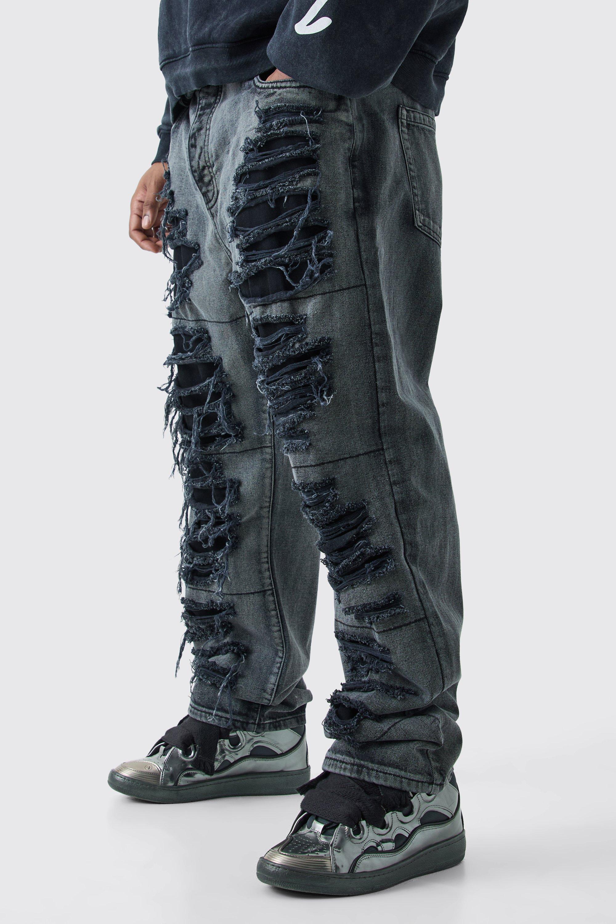 Mens Denim Trousers Black Ripped Jeans Paint Splatter Stretch Frayed  Straight