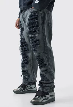 Black Plus Extreme Rip Frayed Edge Rigid Straight Jean