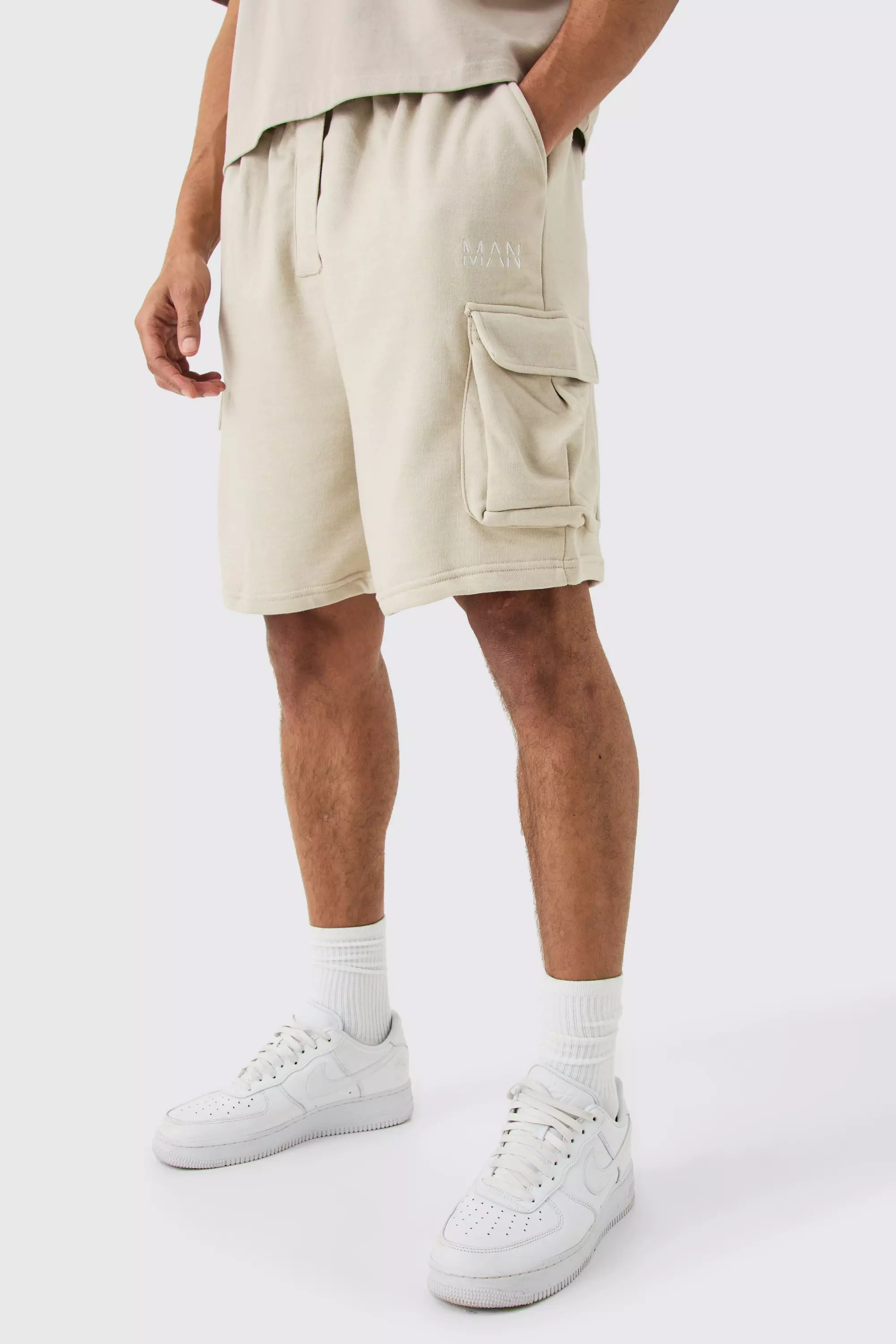 Oversized Drop Crotch Man Cargo Pocket Jersey Shorts Taupe