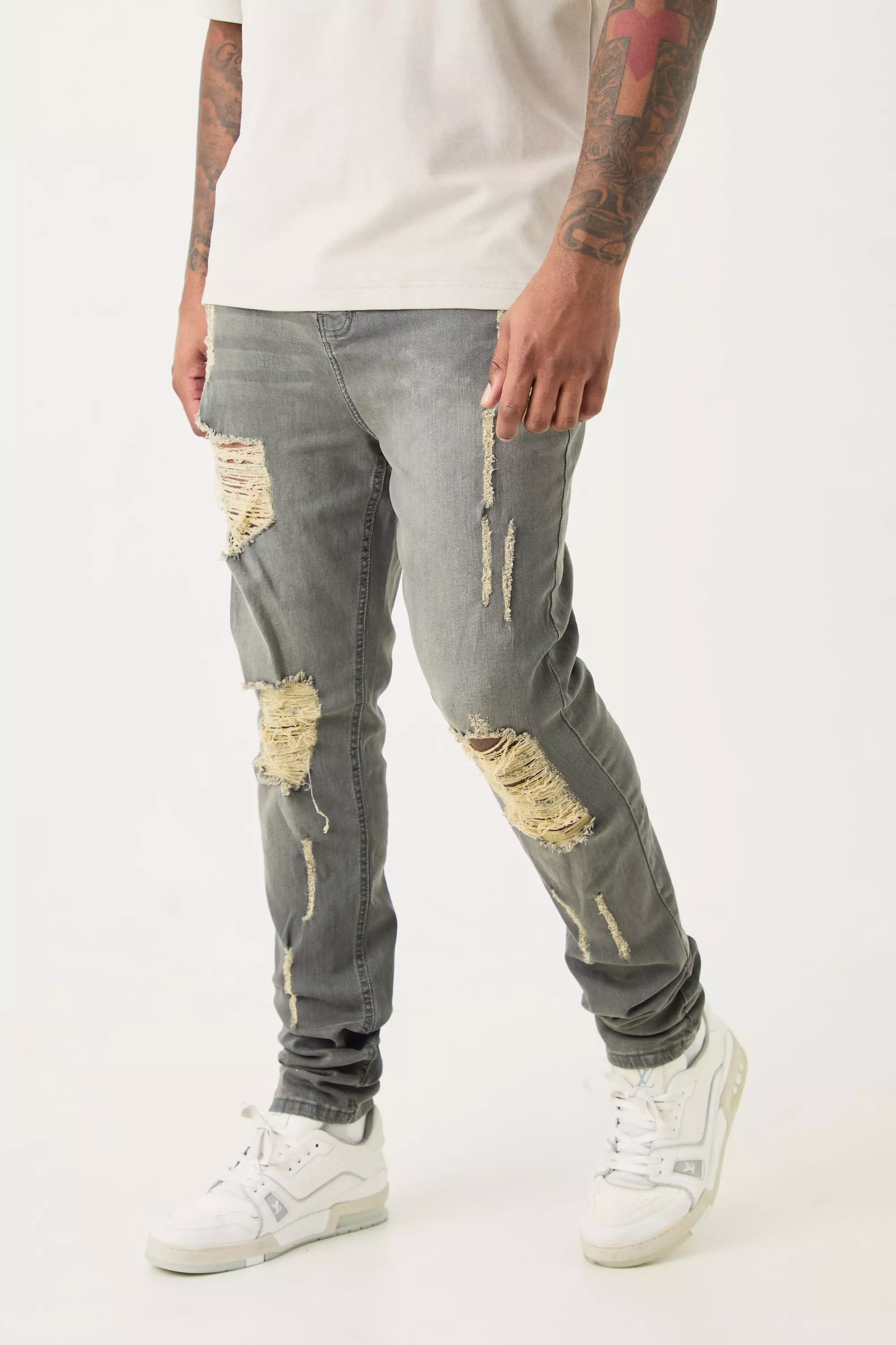 Grey Plus Super Skinny Stretch Multi Rip Stacked Jeans alternative image