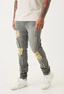 Grey Plus Super Skinny Stretch Multi Rip Stacked Jeans