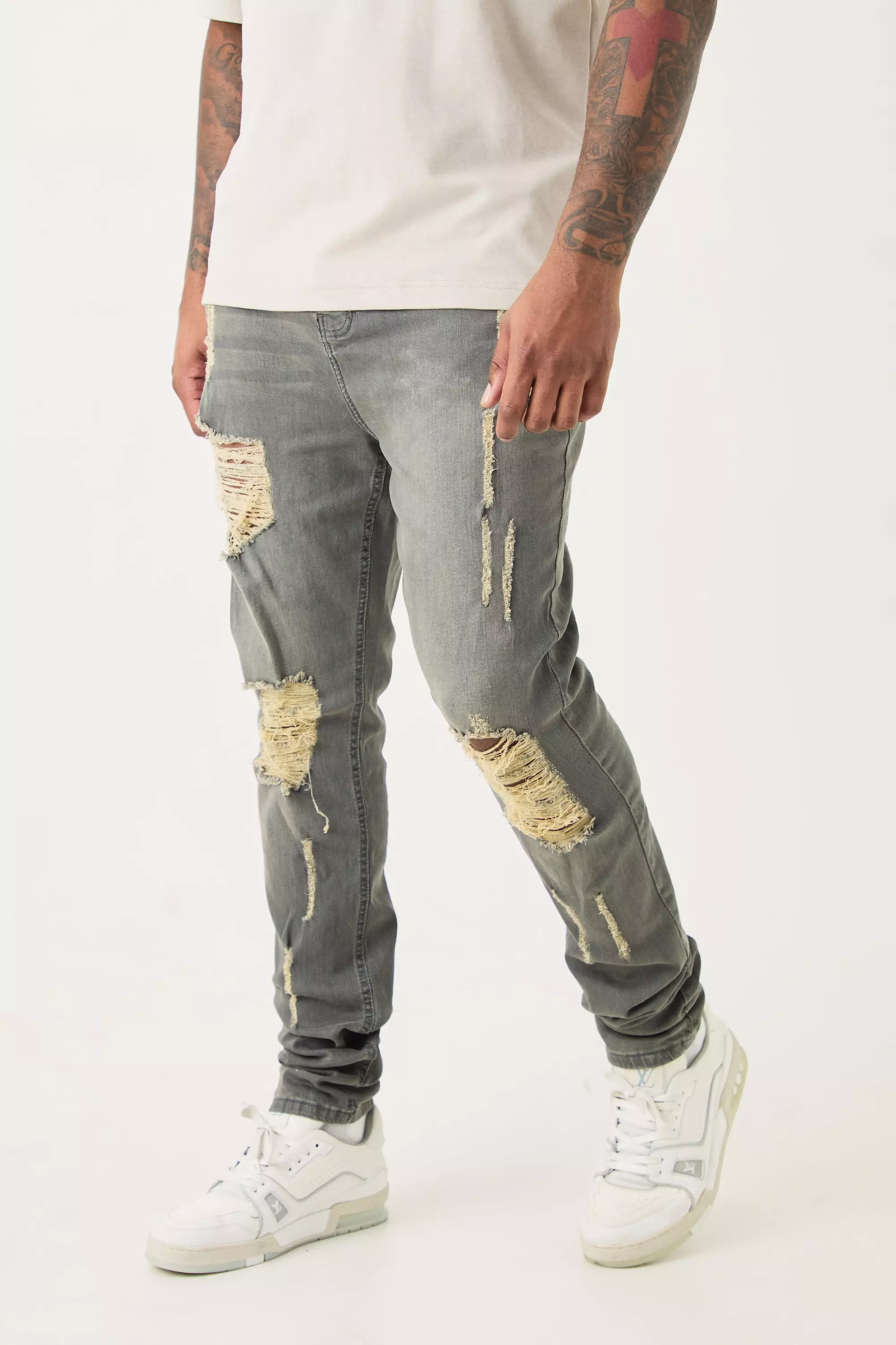 Men Stacked Jeans, Men Ripped Jeans Skinny Fit Stacked Leg Denim Stretch  Jeans Streetwear Trousers (Color : Brown, Size : Medium) : :  Clothing, Shoes & Accessories