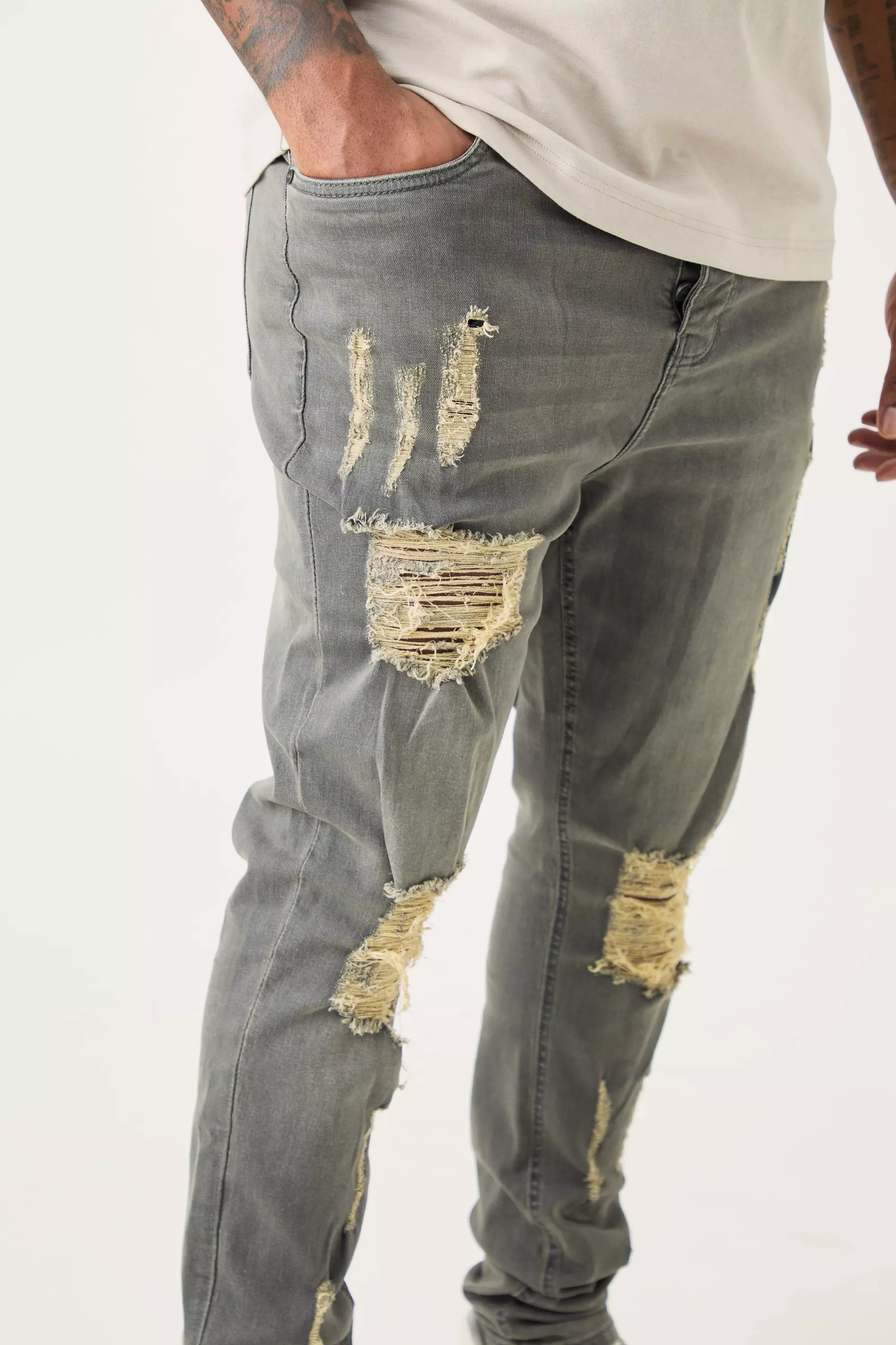 Grey Plus Super Skinny Stretch Multi Rip Stacked Jeans alternative image