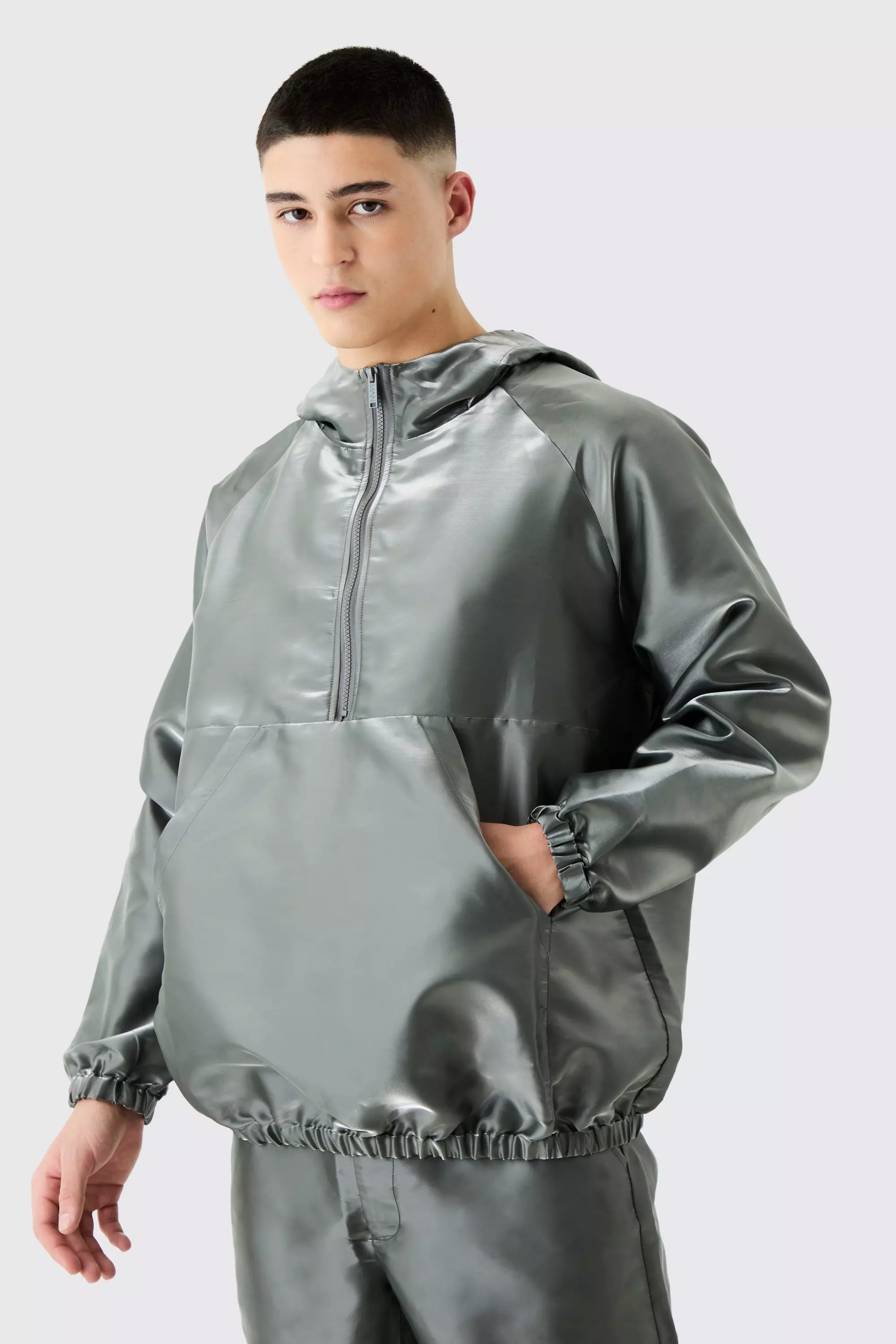 Oversized Liquid Metallic Half Zip Windbreaker Silver