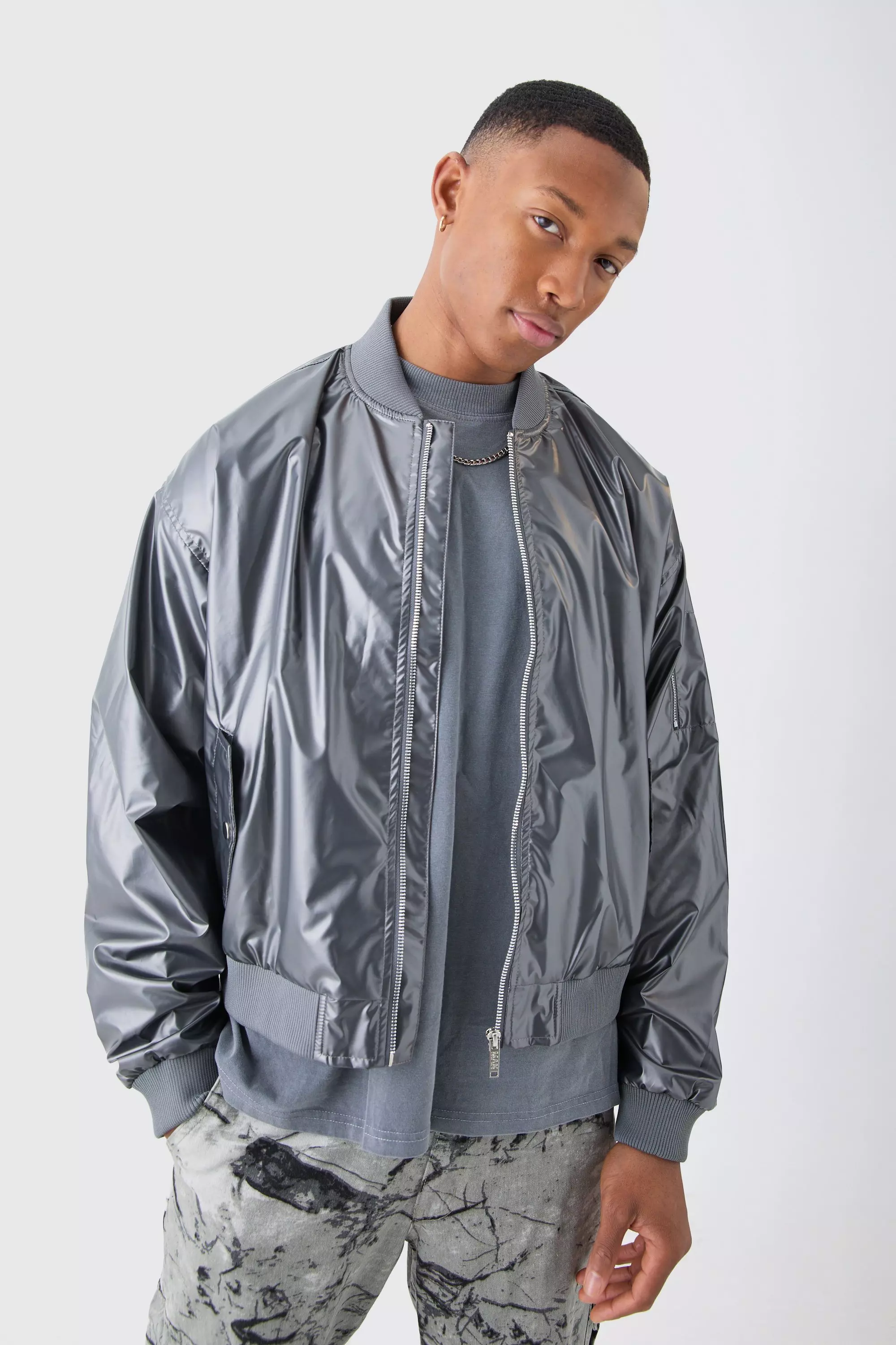 Boxy Fit Metallic Ma1 Bomber Silver