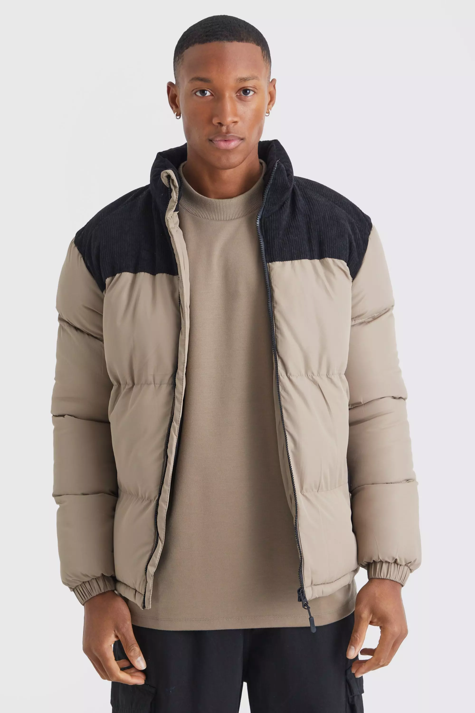 Cord Panel Colour Block Puffer Stone