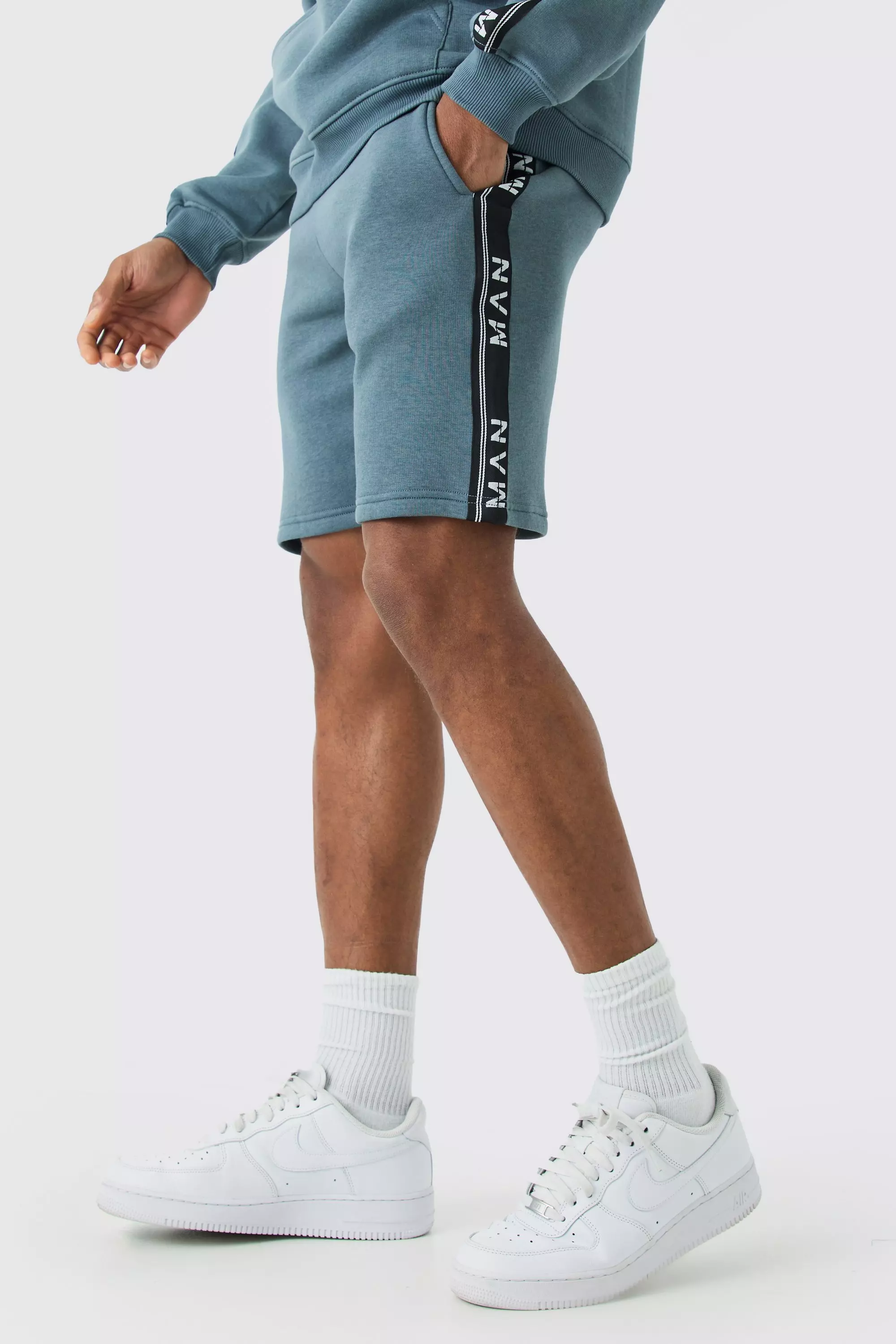 Man Slim Fit Tape Mid Length Shorts slate blue