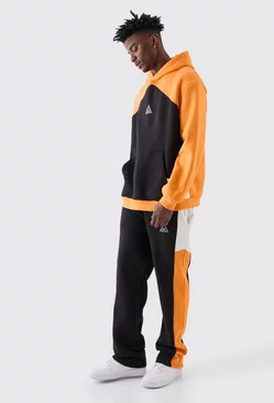 Oversized Branded Colour Block Relaxed Fit Hooded Tracksuit Black
