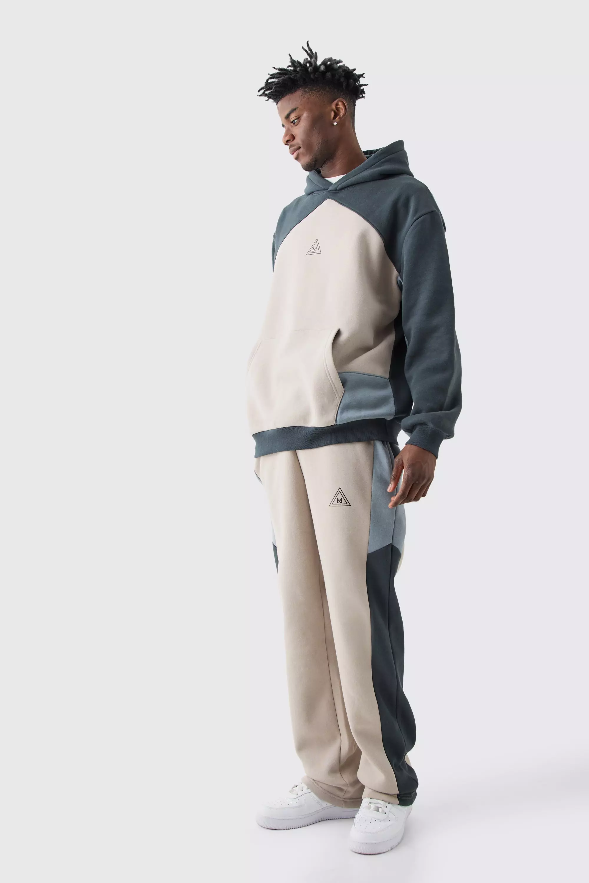 Charcoal Grey Oversized Branded Colour Block Relaxed Fit Hooded Tracksuit