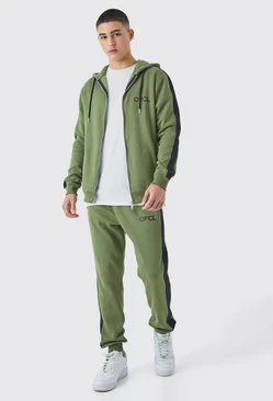 Ofcl Slim Zip Through Contrast Colour Block Hooded Tracksuit Olive