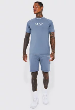 Man Roman Neck Rib Slim Tshirt And Shorts Set slate blue