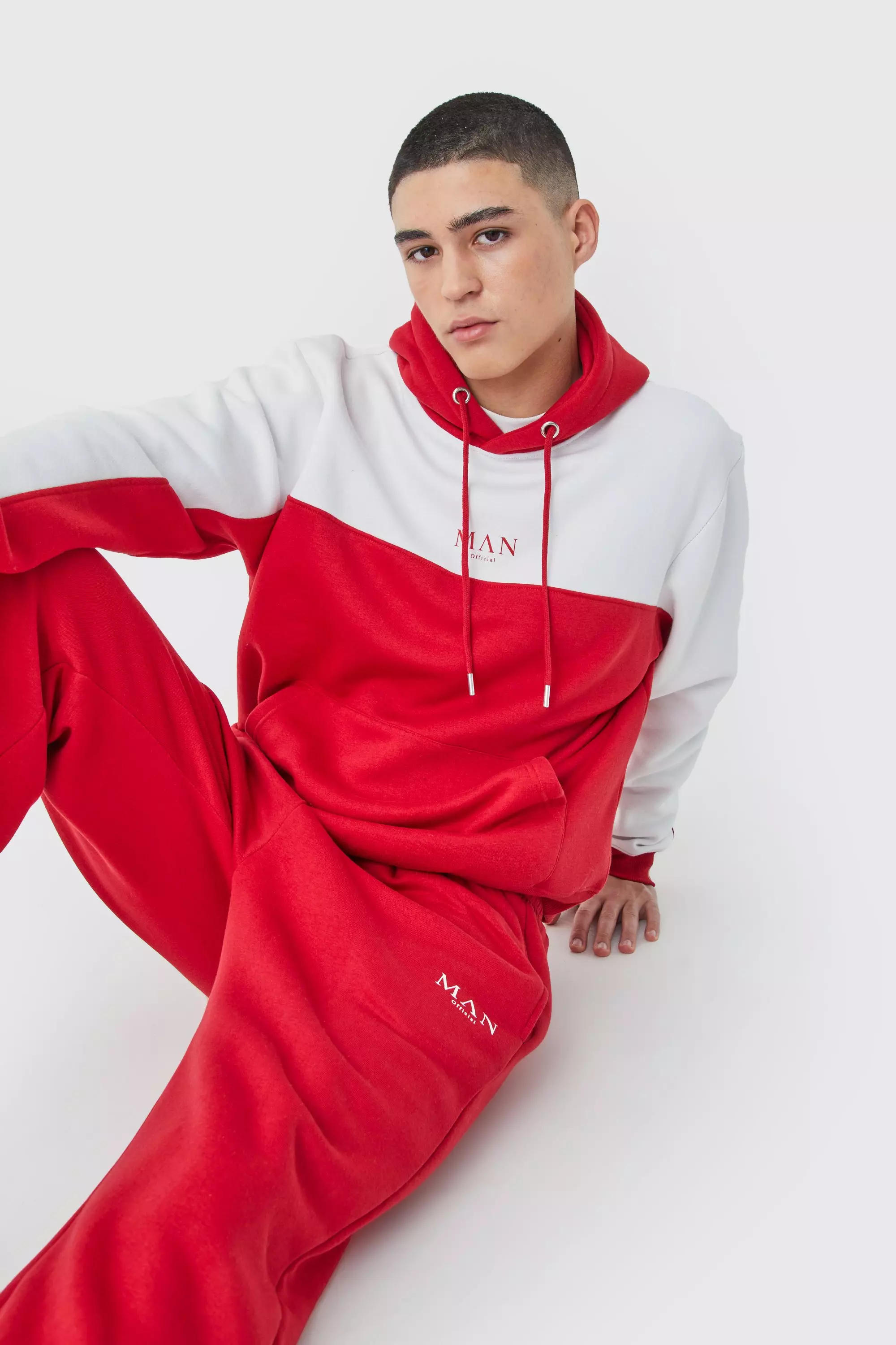 Man Roman Tape Colour Block Hooded Tracksuit Red