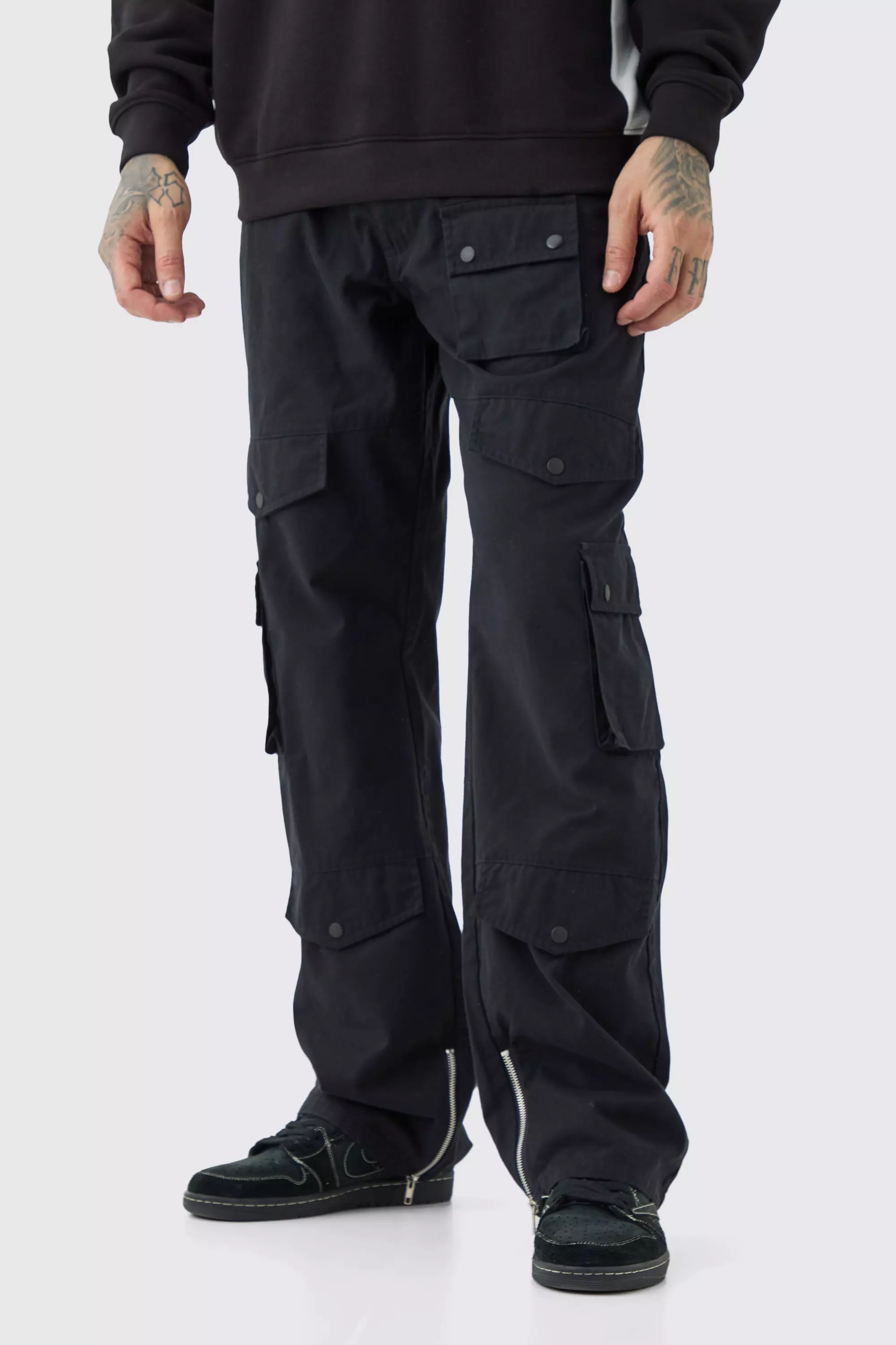Topman relaxed nylon multi pocket cargo trousers in black