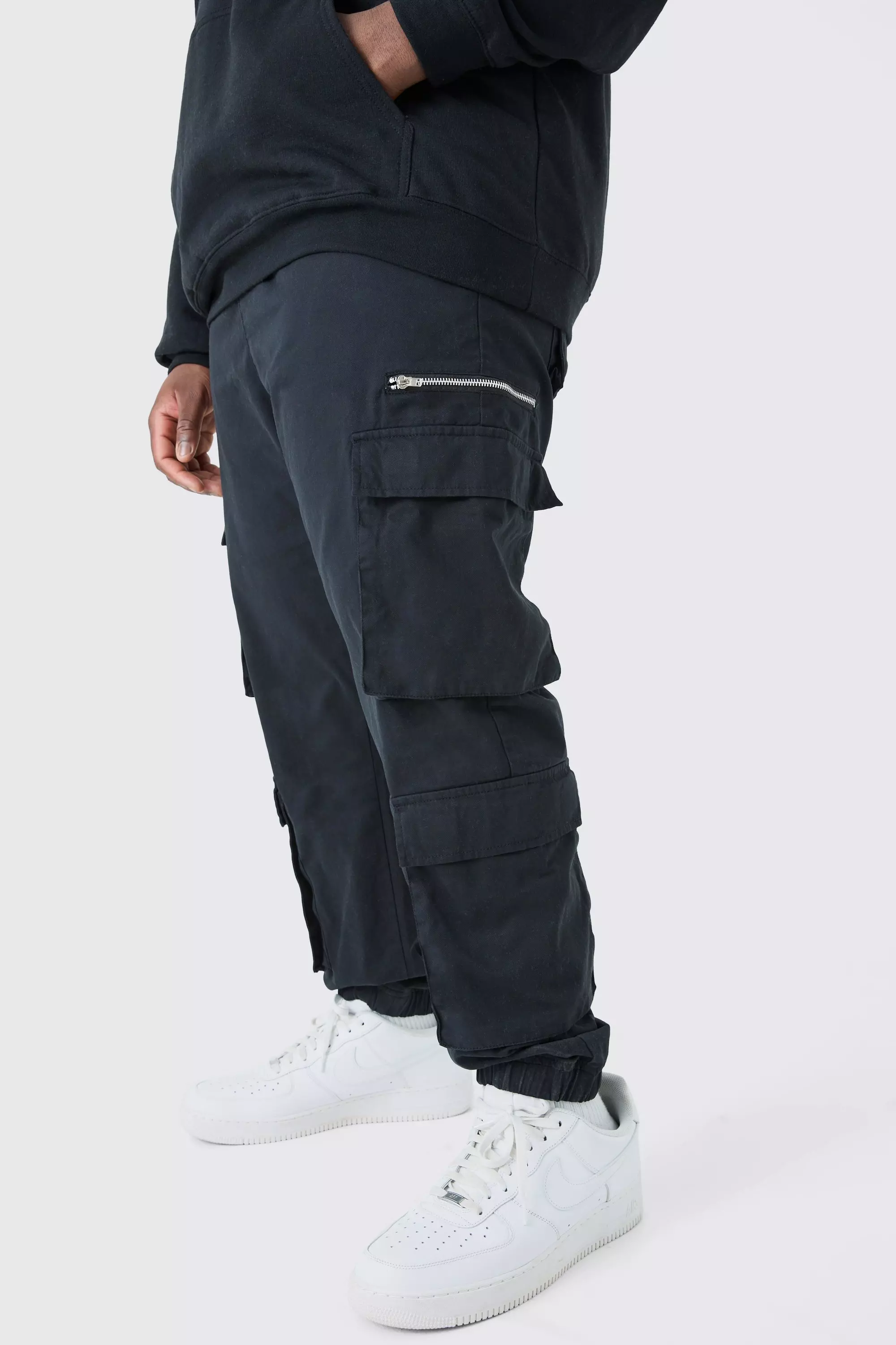 Black Contrast Stitch Carpenter Shirt and Cargo Pants Clothing Set