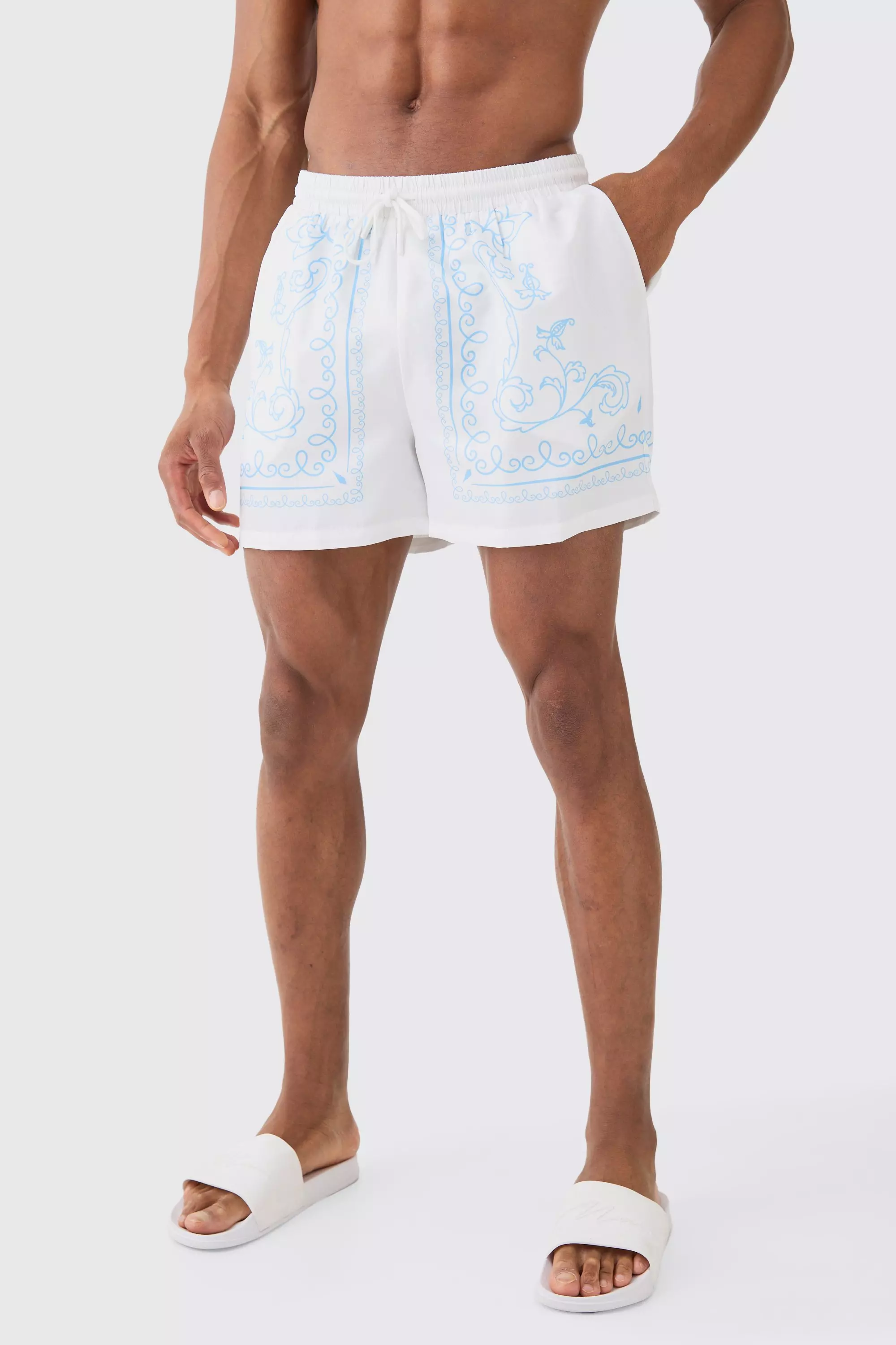 Short Length Baroque Border Swim Trunks White