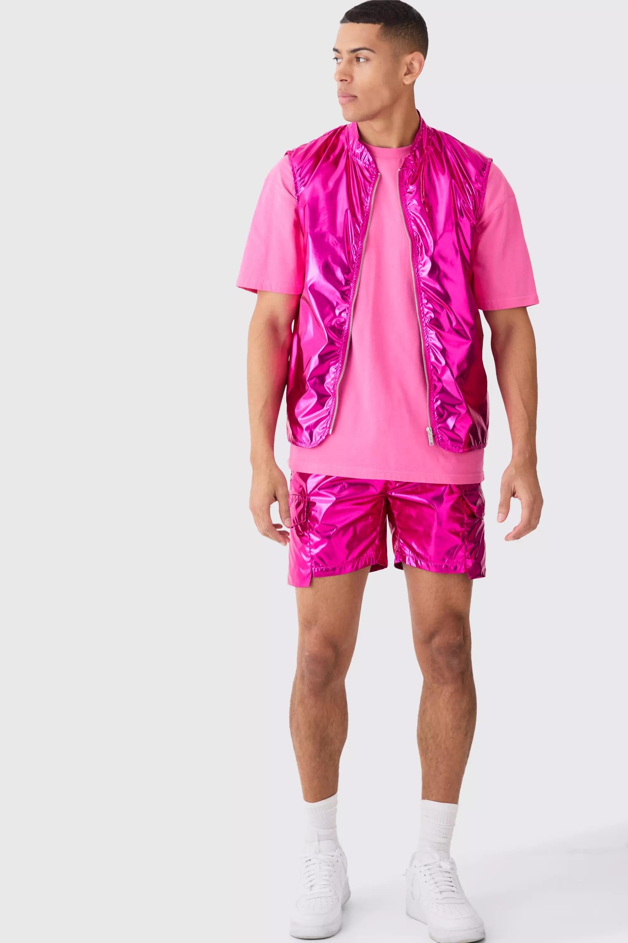 Metallic Vest And Cargo Short Set Pink