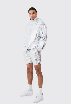 Boxy Funnel Neck Cagoule And Short Metallic Set Silver