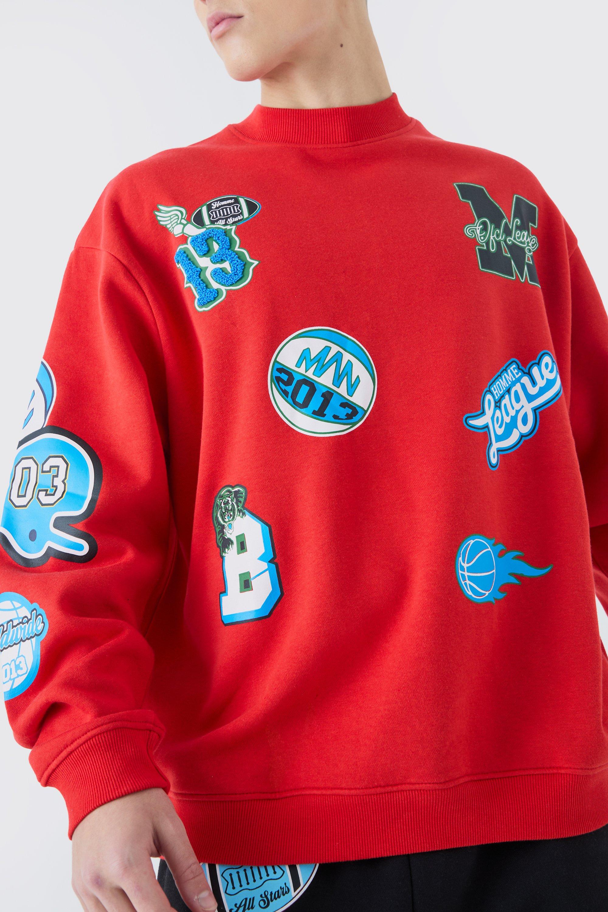 Oversized Extended Neck Varsity Badge Sweatshirt | boohooMAN USA