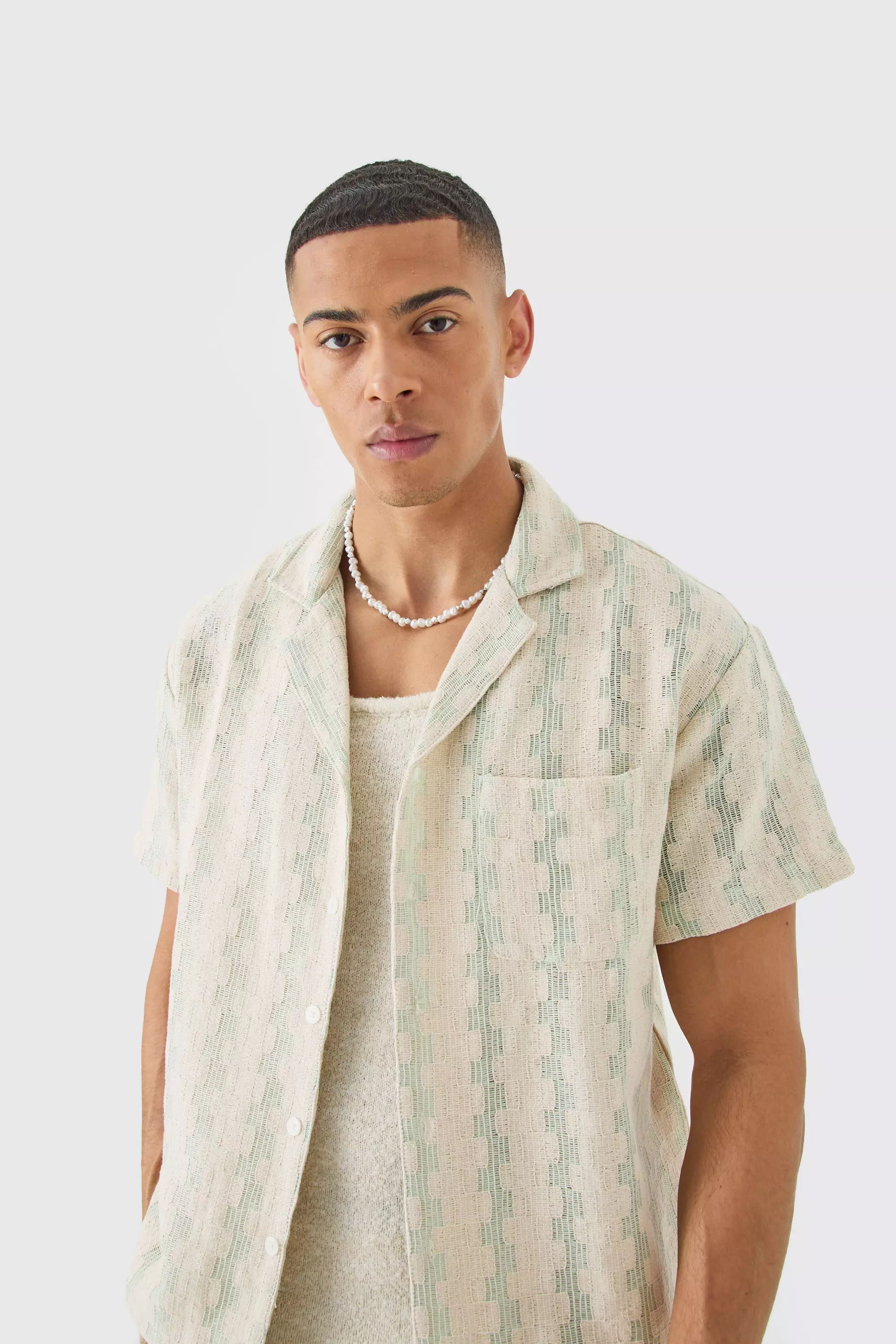 Sage Green Open Weave Geometric Stripe Boxy Shirt