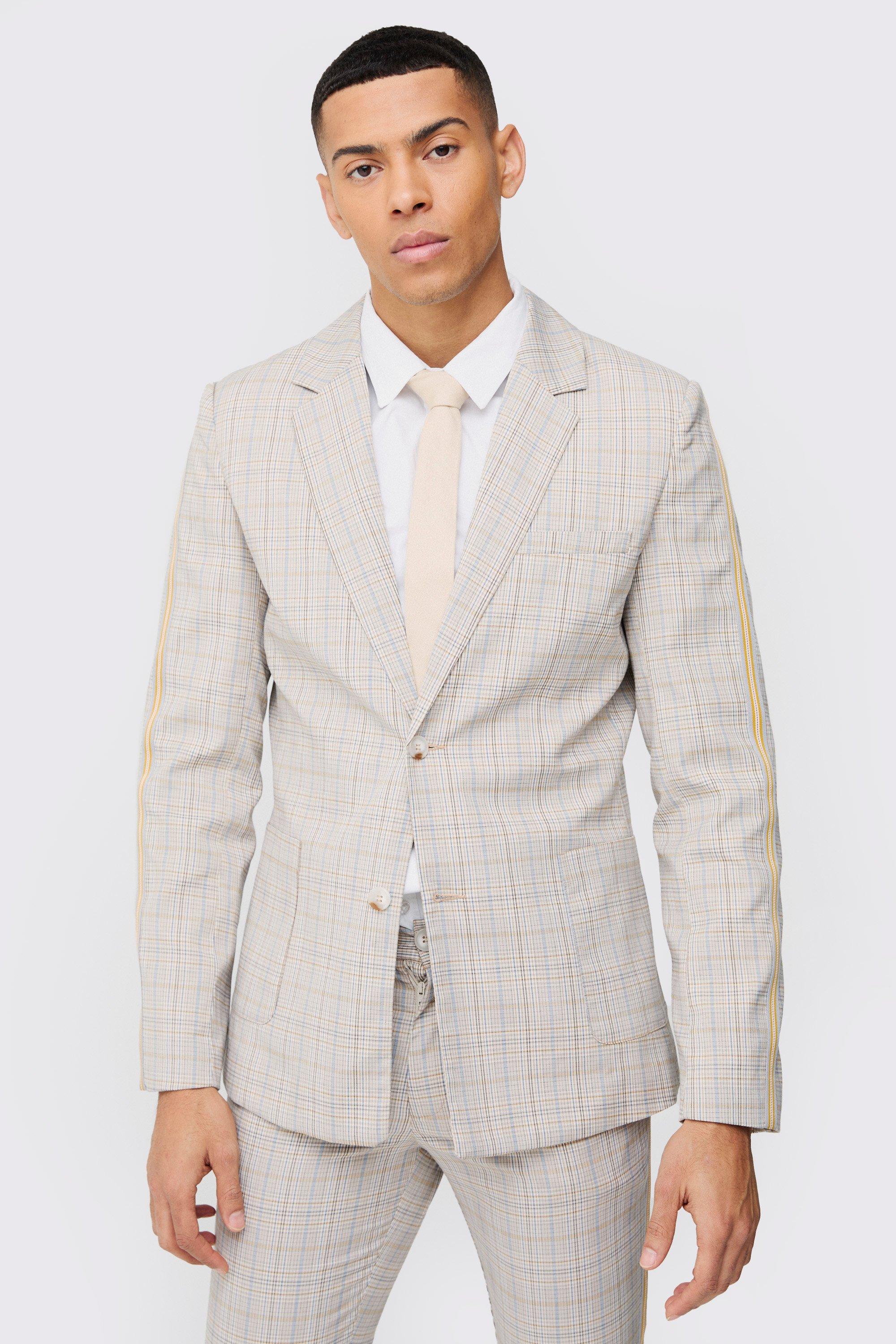 Einreihiger karierter Slim-Fit Blazer, Stone