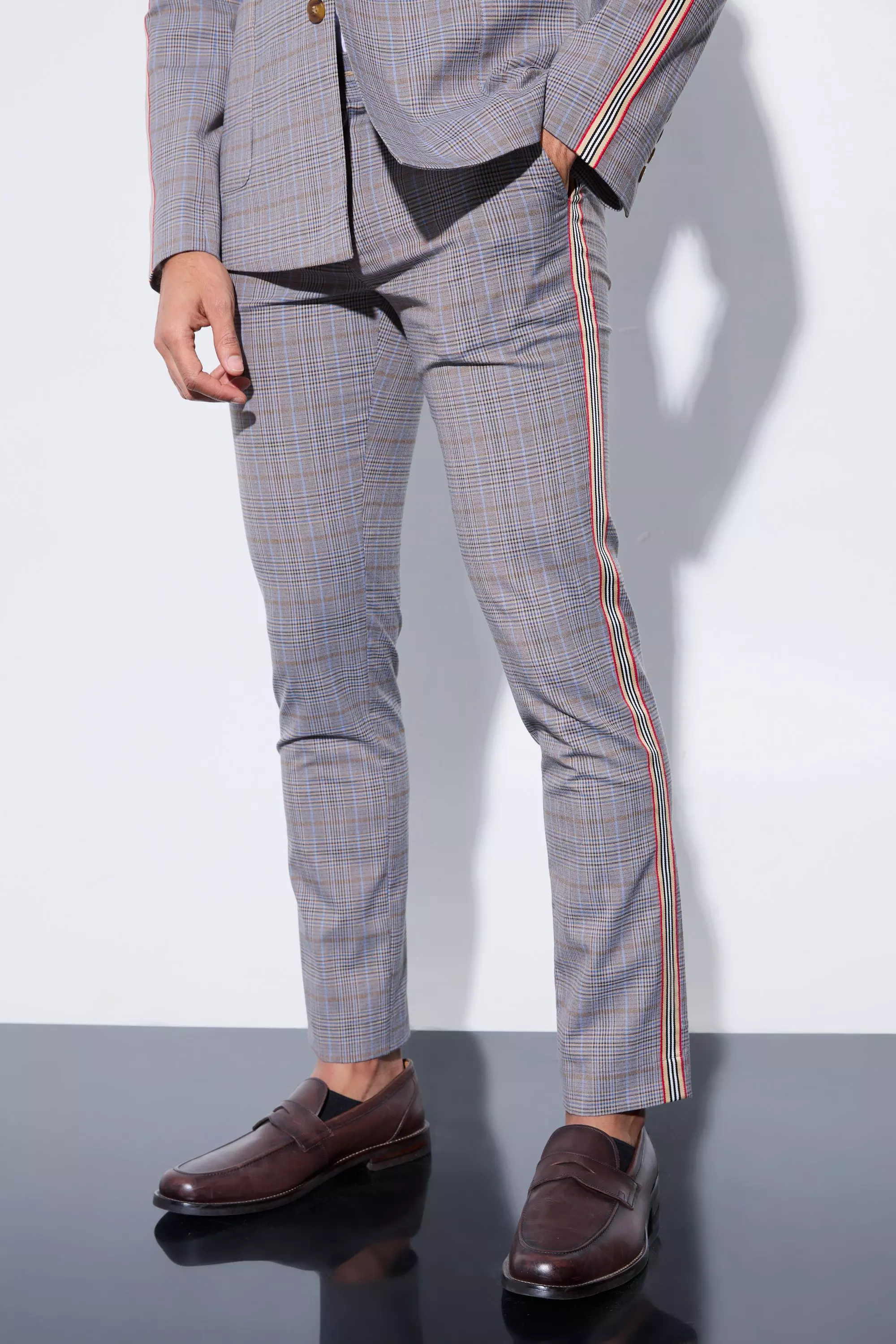 Skinny Fixed Waist Tailored Check Trouser Grey