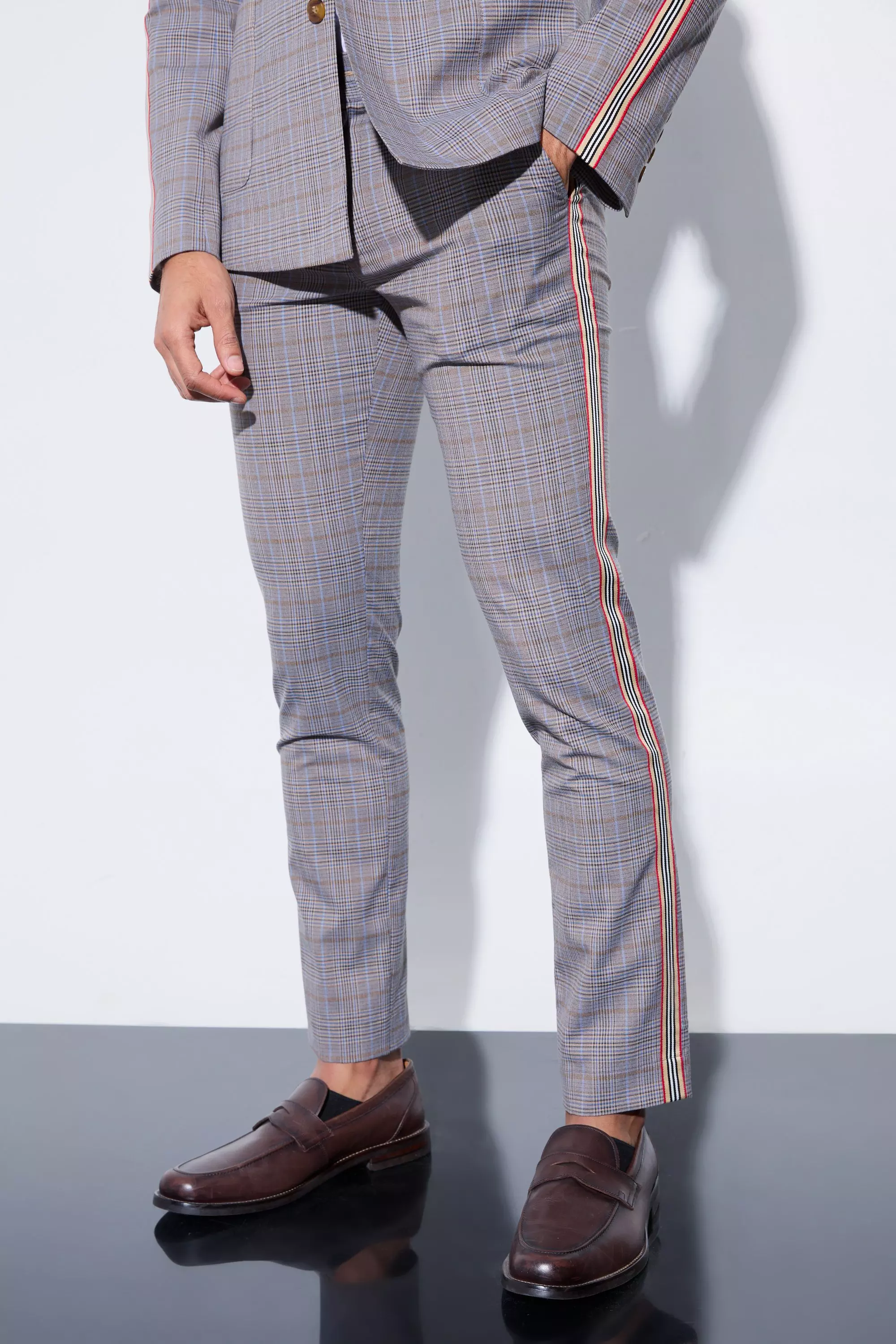 Grey Skinny Fixed Waist Tailored Check Trouser