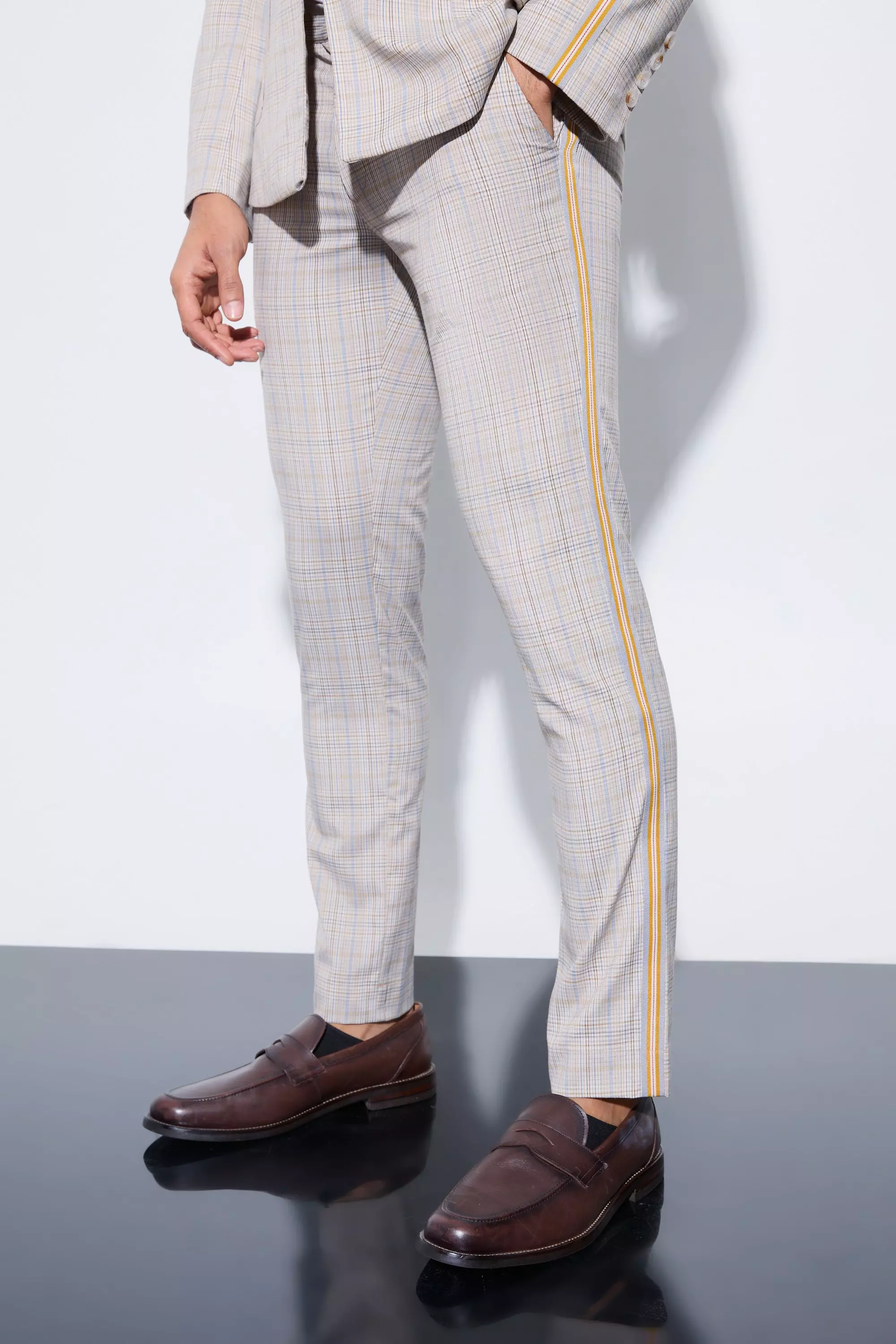 Stone Beige Skinny Fixed Waist Tailored Check Trouser