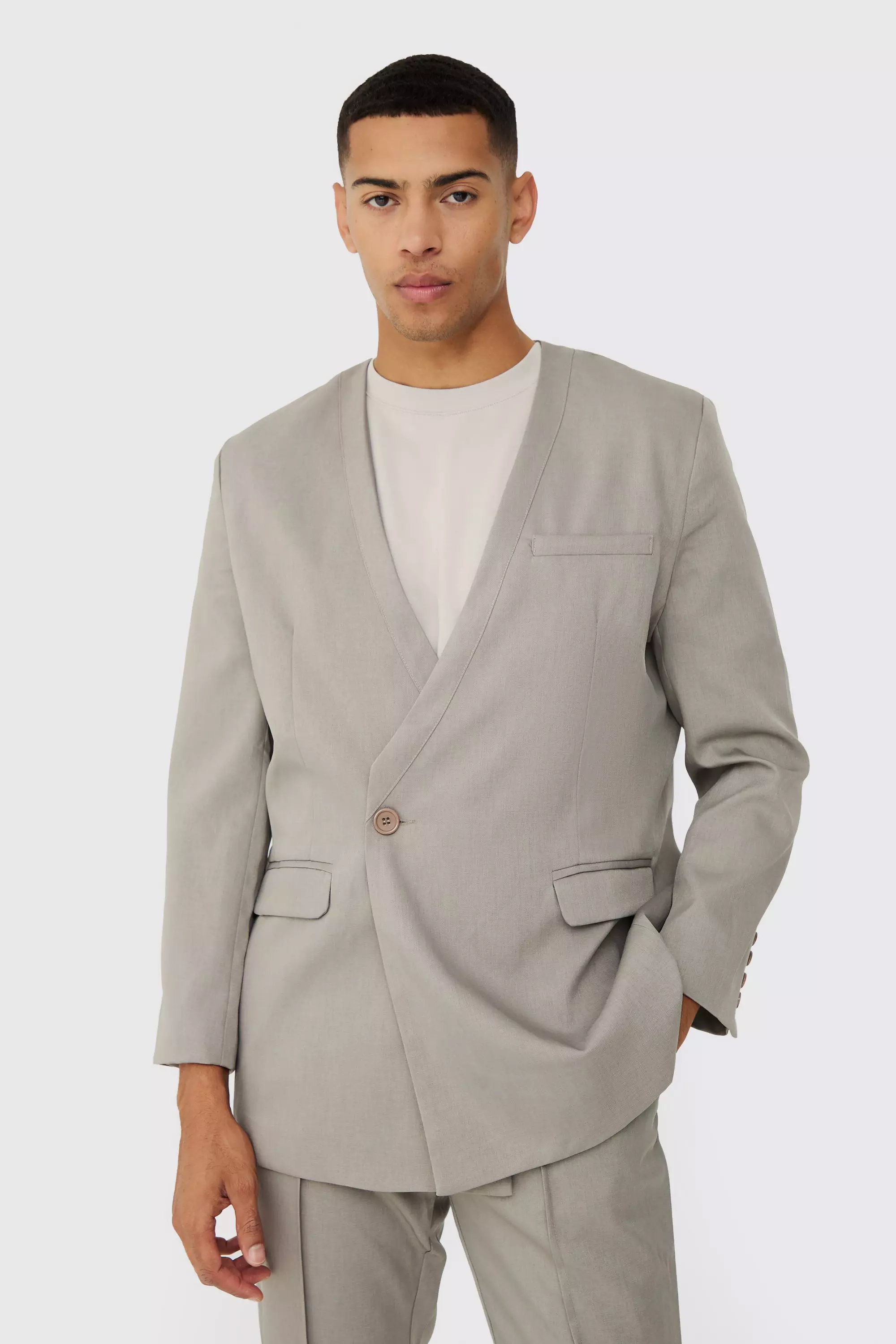 Collarless Straight Blazer Grey