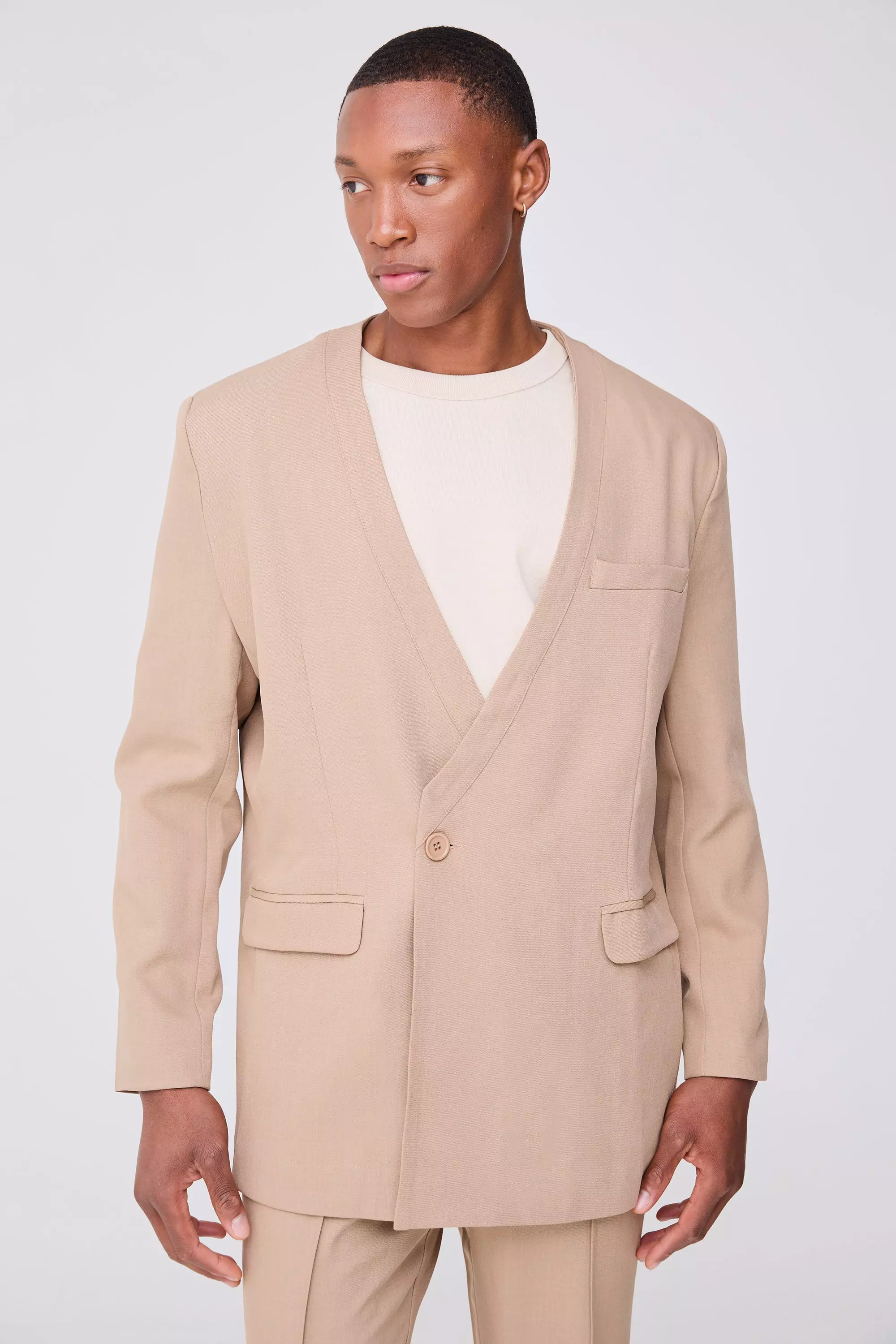 Collarless Straight Blazer Taupe