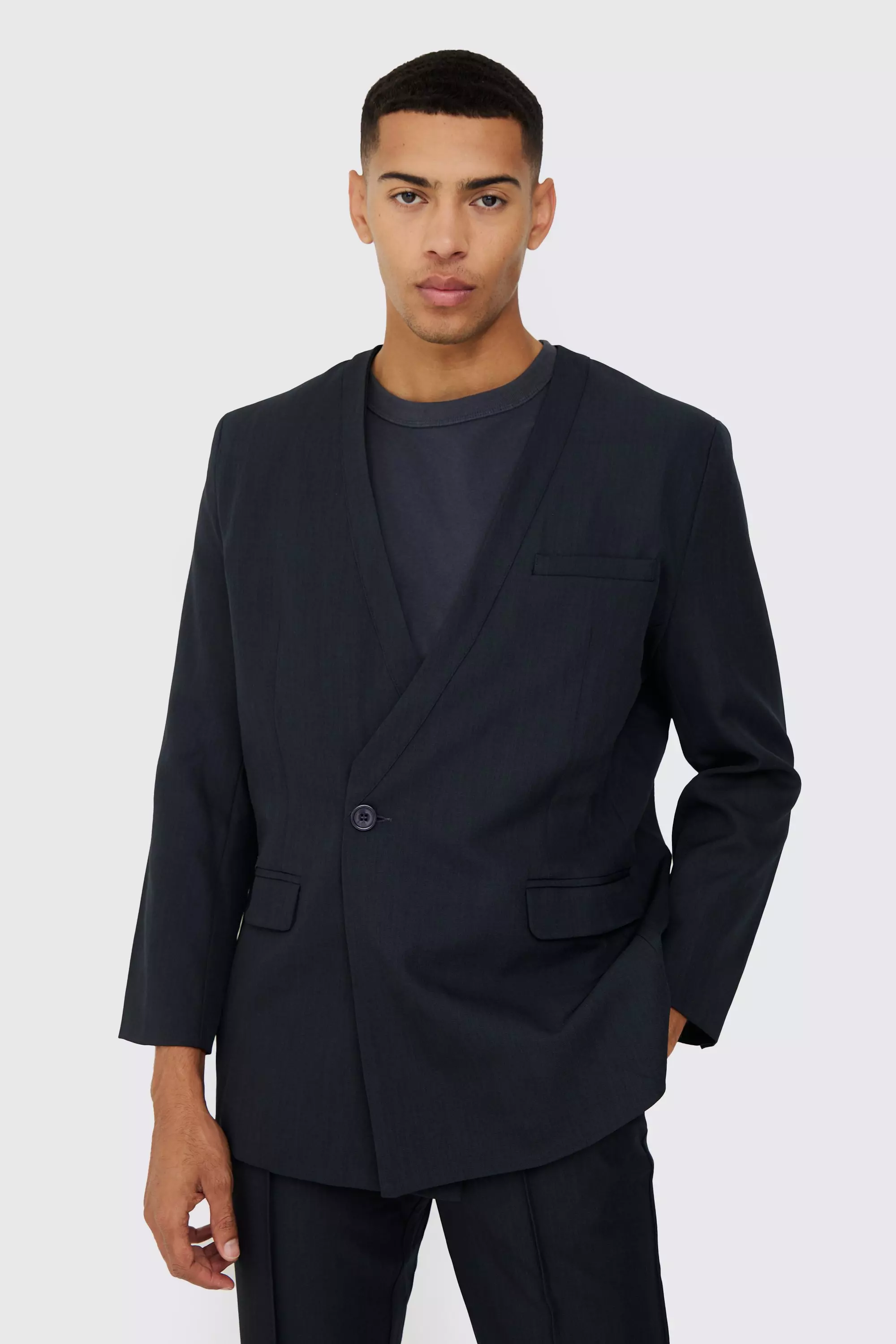 Navy collarless blazer sale