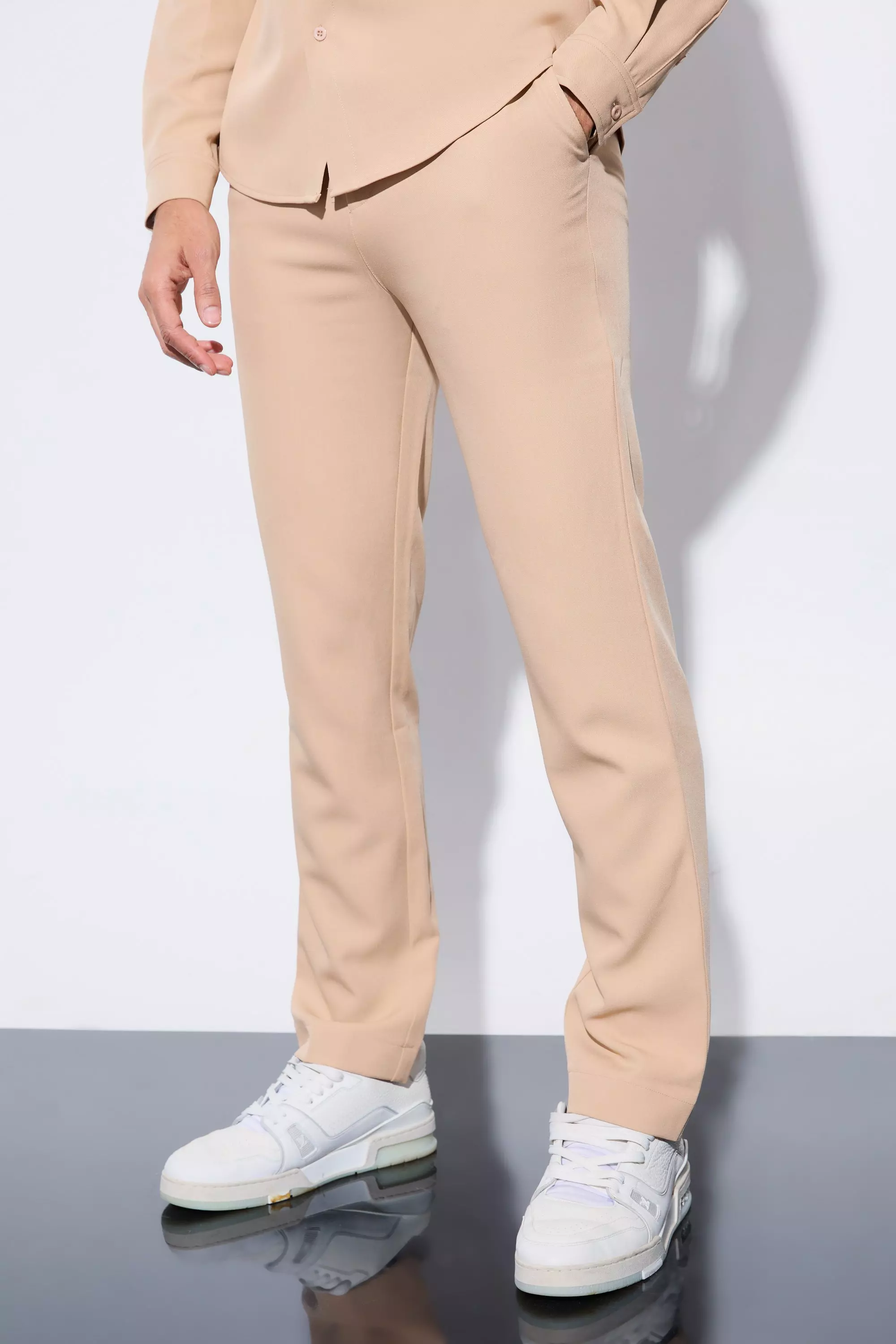 Stone Beige Straight Fixed Waist Tailored Pants