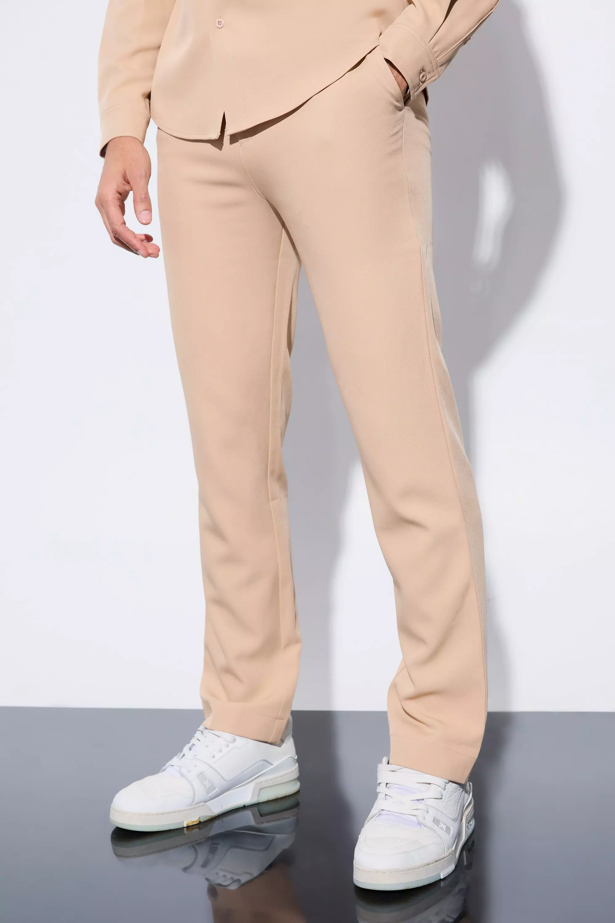 Stone Beige Straight Fixed Waist Tailored Check Trouser