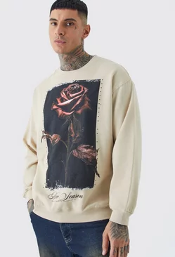 Tall Oversized Rose Graphic Hoodie Sand