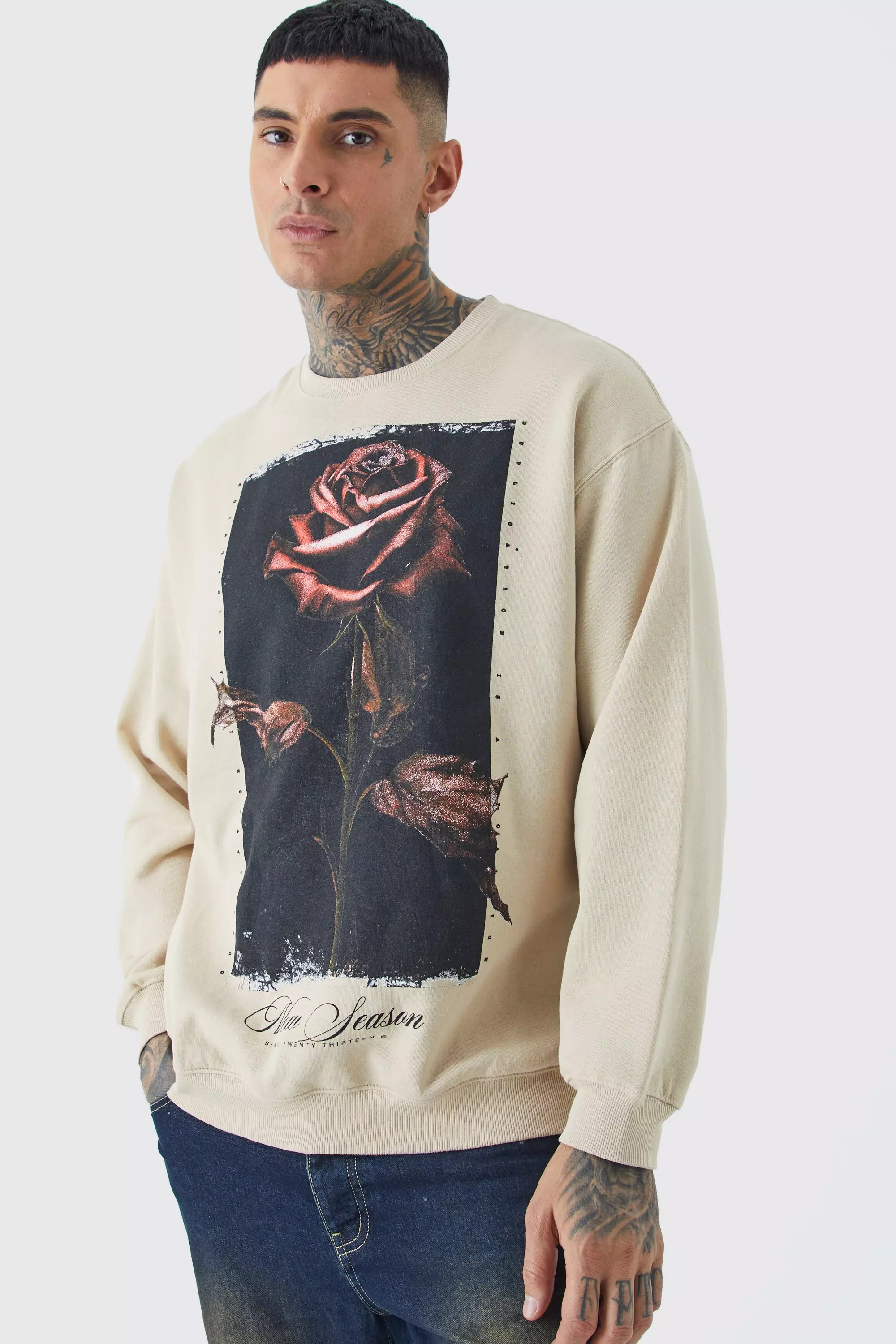 Sand Beige Tall Oversized Rose Graphic Hoodie