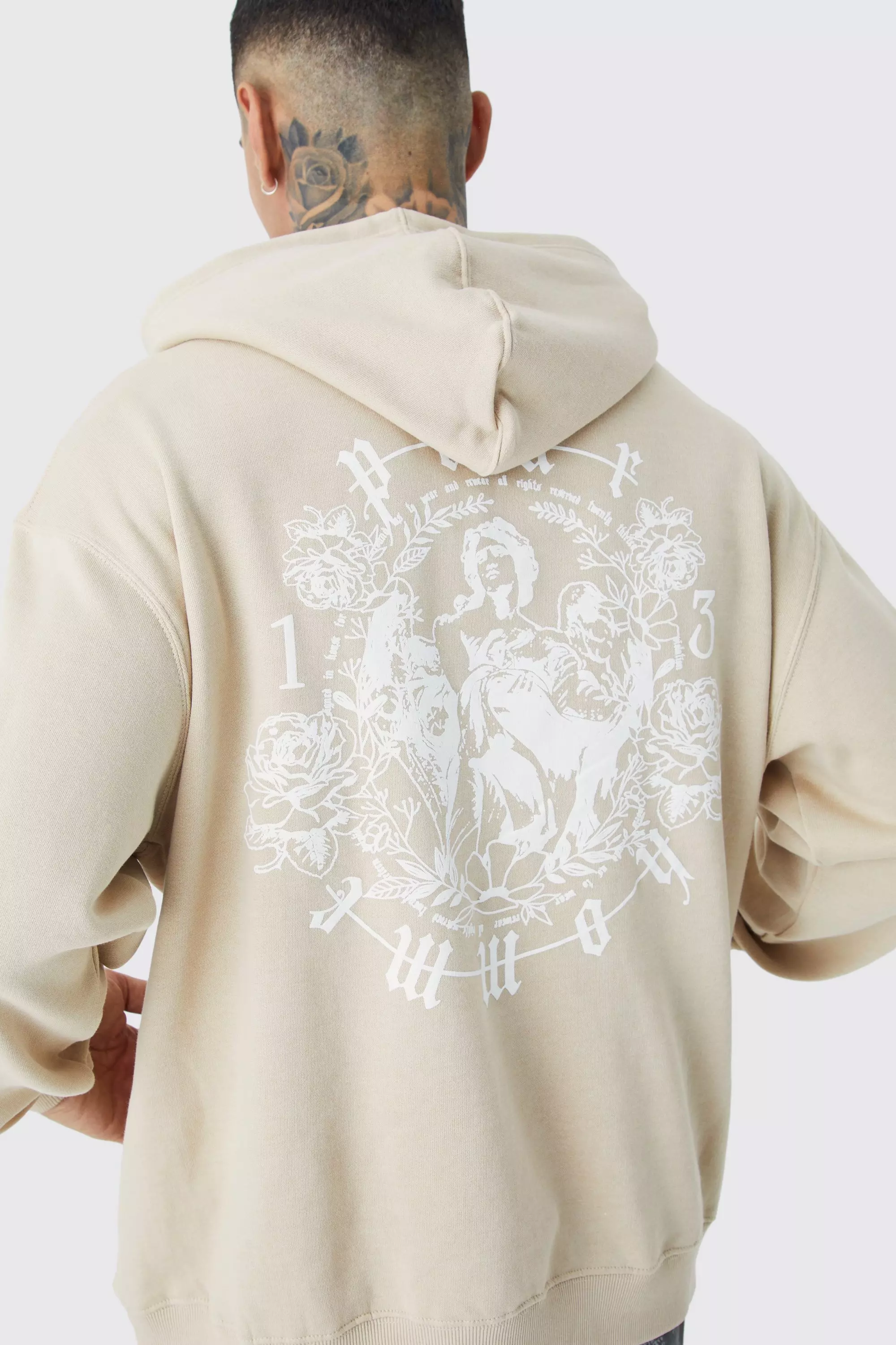 Sand Beige Tall Oversized Homme Print Graphic Hoodie