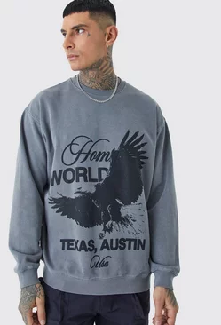 Tall Oversized Overdyed Homme Bird Print Graphic Sweatshirt Grey