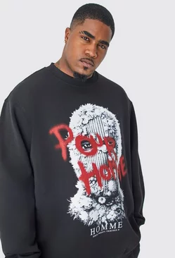Black Plus Oversized Homme Balaclava Print Graphic Sweatshirt