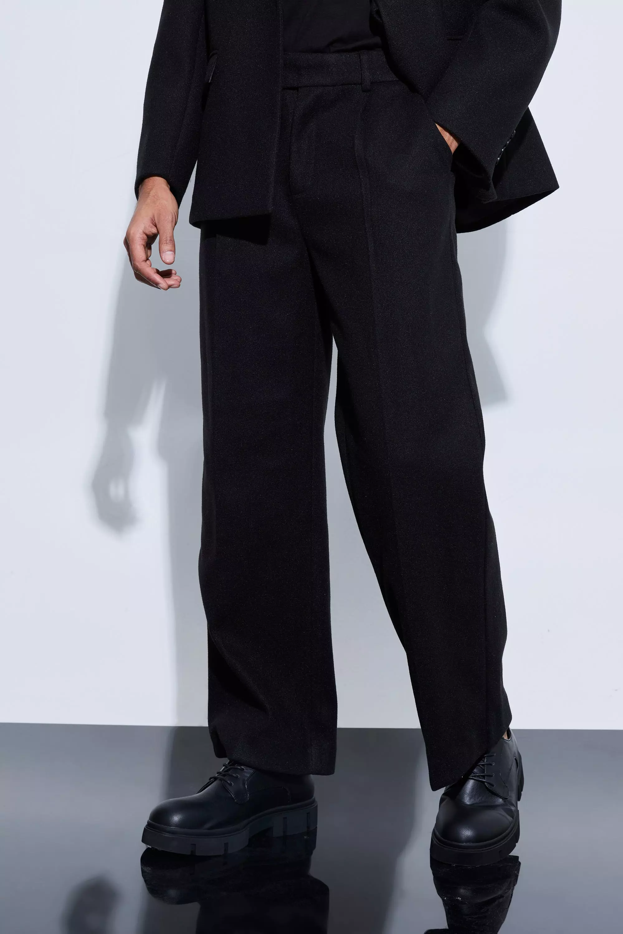 Black Melton Wool Wide Fit Tailored Trousers