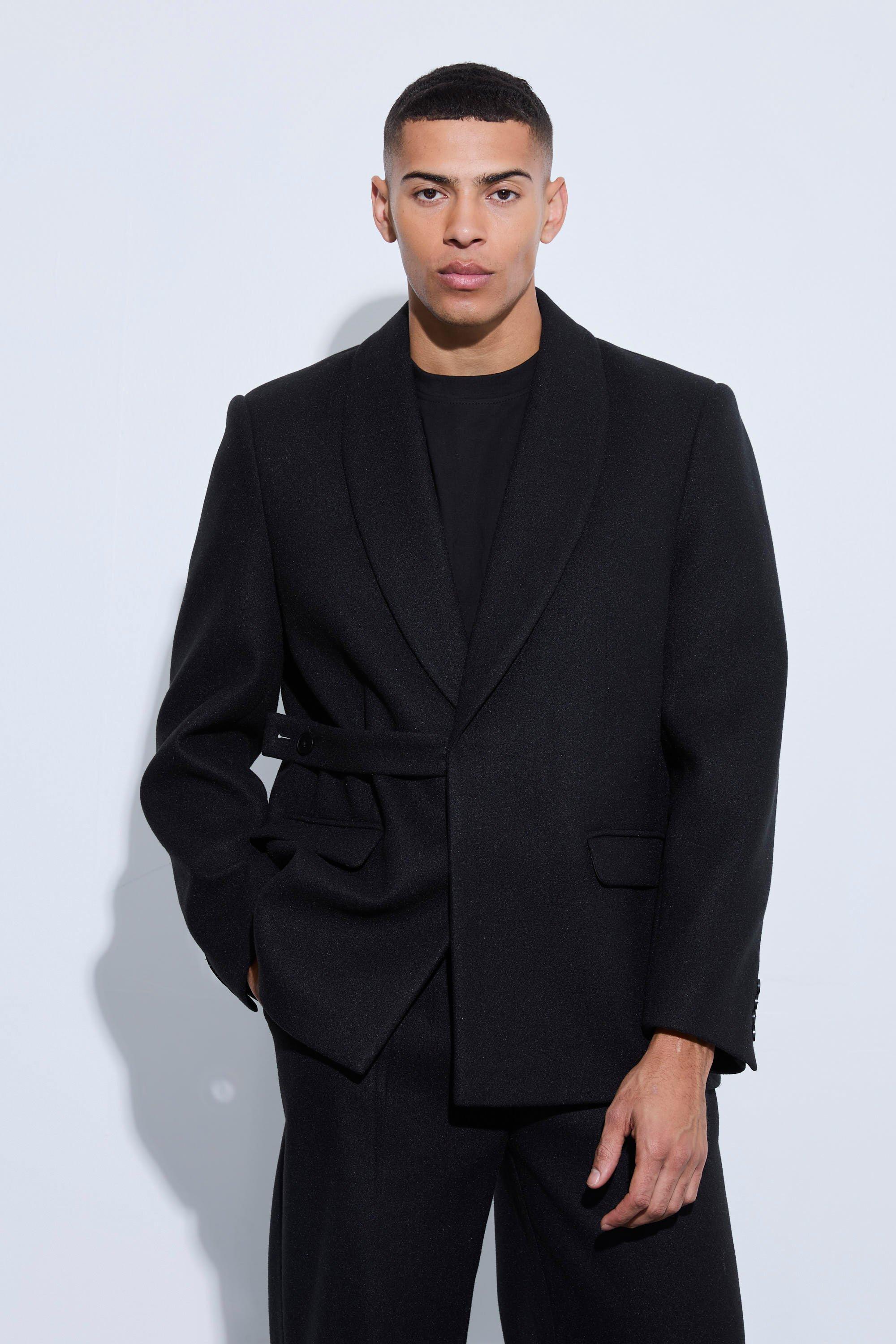 Black Wool Look Oversized Strap Detail Blazer