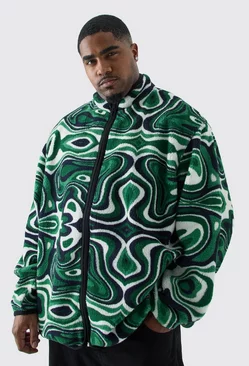 Plus Oversized Abstract Print Borg Funnel Neck Jacket Green