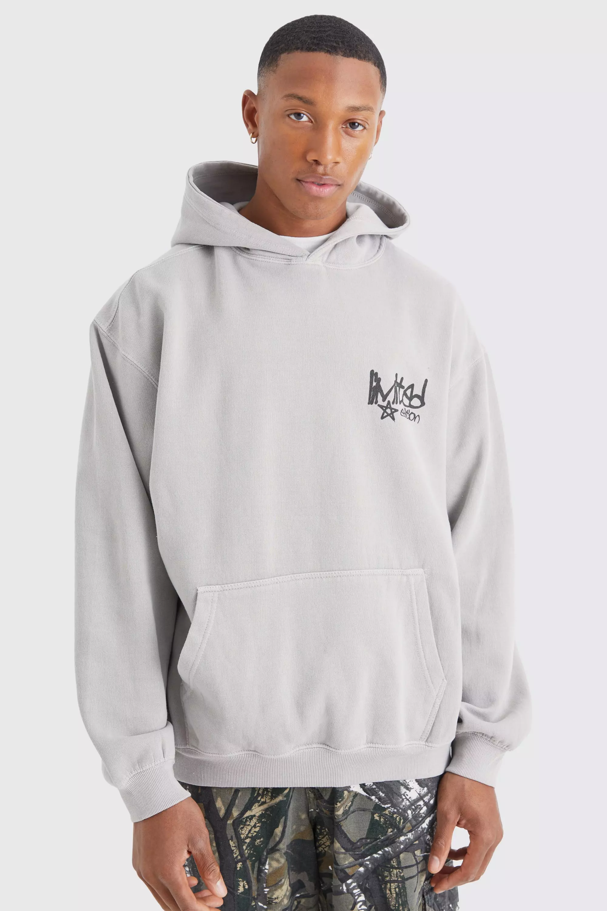 Oversized Overdye Graffiti Graphic Hoodie Stone