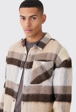 Extreme Heavy Brushed Check Boxy Overshirt Brown