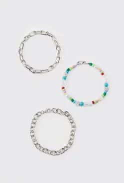 3 Pack Bead Chain Bracelets Silver