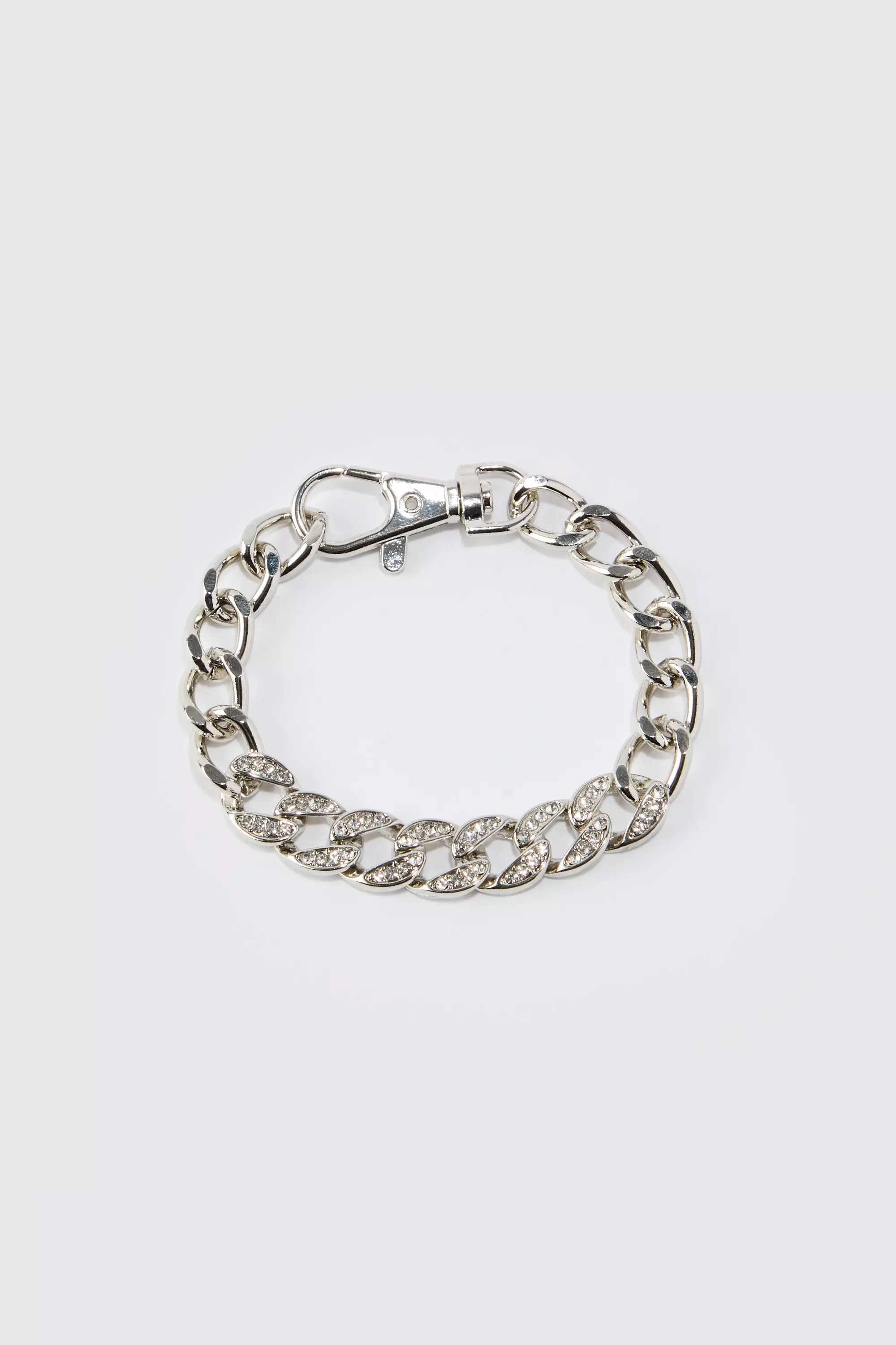 Rhinestone Chunky Chain Clasp Detail Bracelet Silver